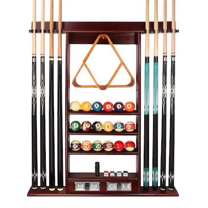 Front. GSE Games & Sports Expert - Wood 8 Wall Pool Cue Rack with Score Counter and Metal Hook, Billiard Pool Cue Rack Only - Mahogany - Mahogany.