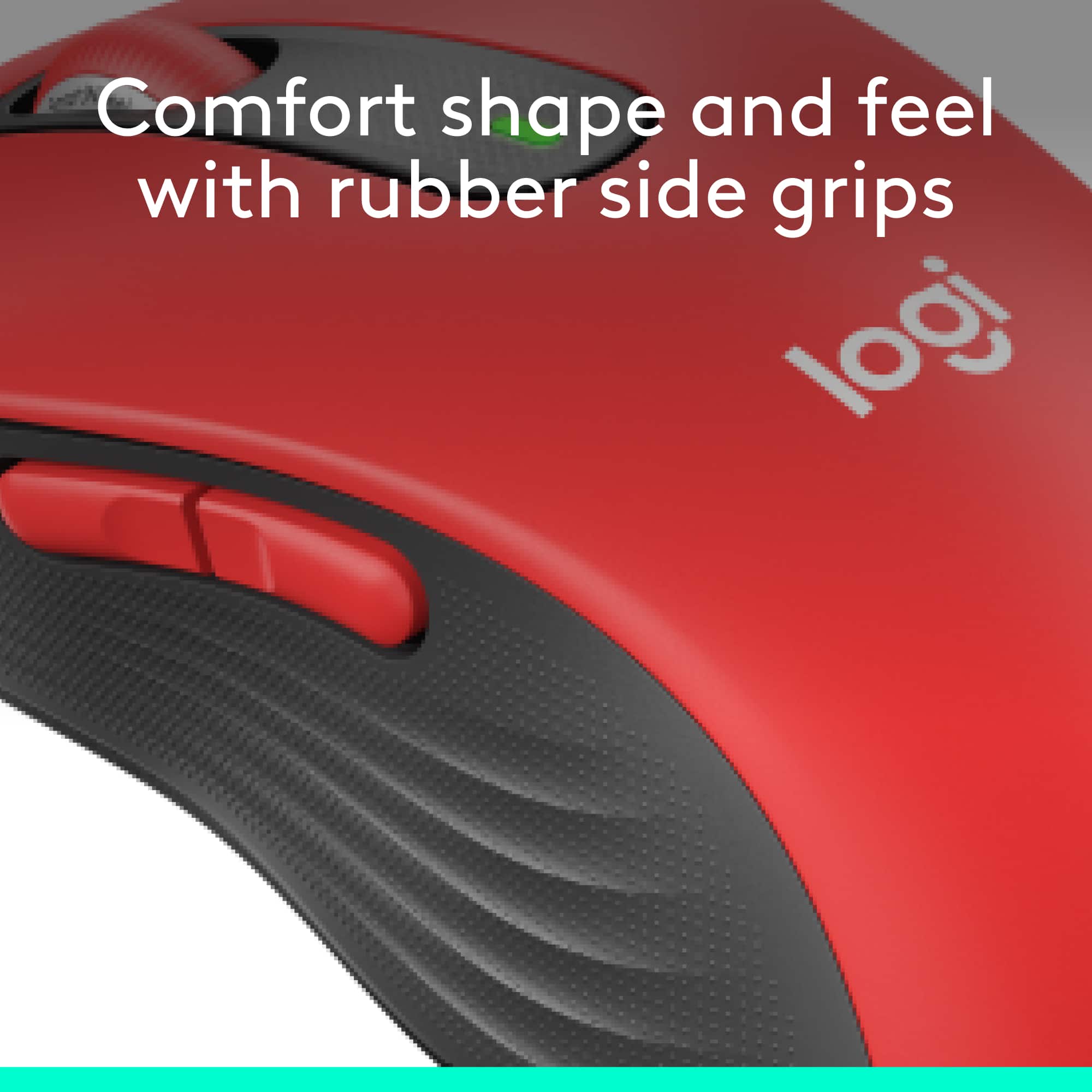 The text on the image reads: "Comfort shape and feel with rubber side grips logi."