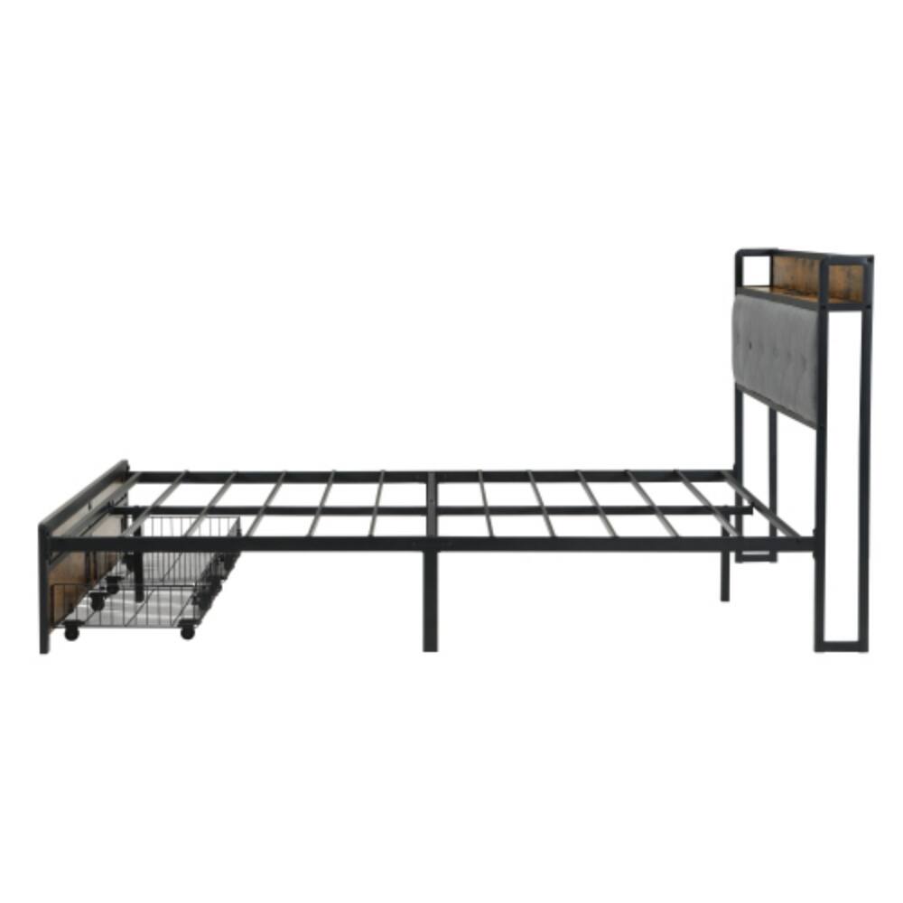 Left. LUCKY ONE - Queen Size Platform Bed Frame with Upholstered Headboard, LED Lights, USB Outlets, 2 Storage Drawers - Brown+Gray.