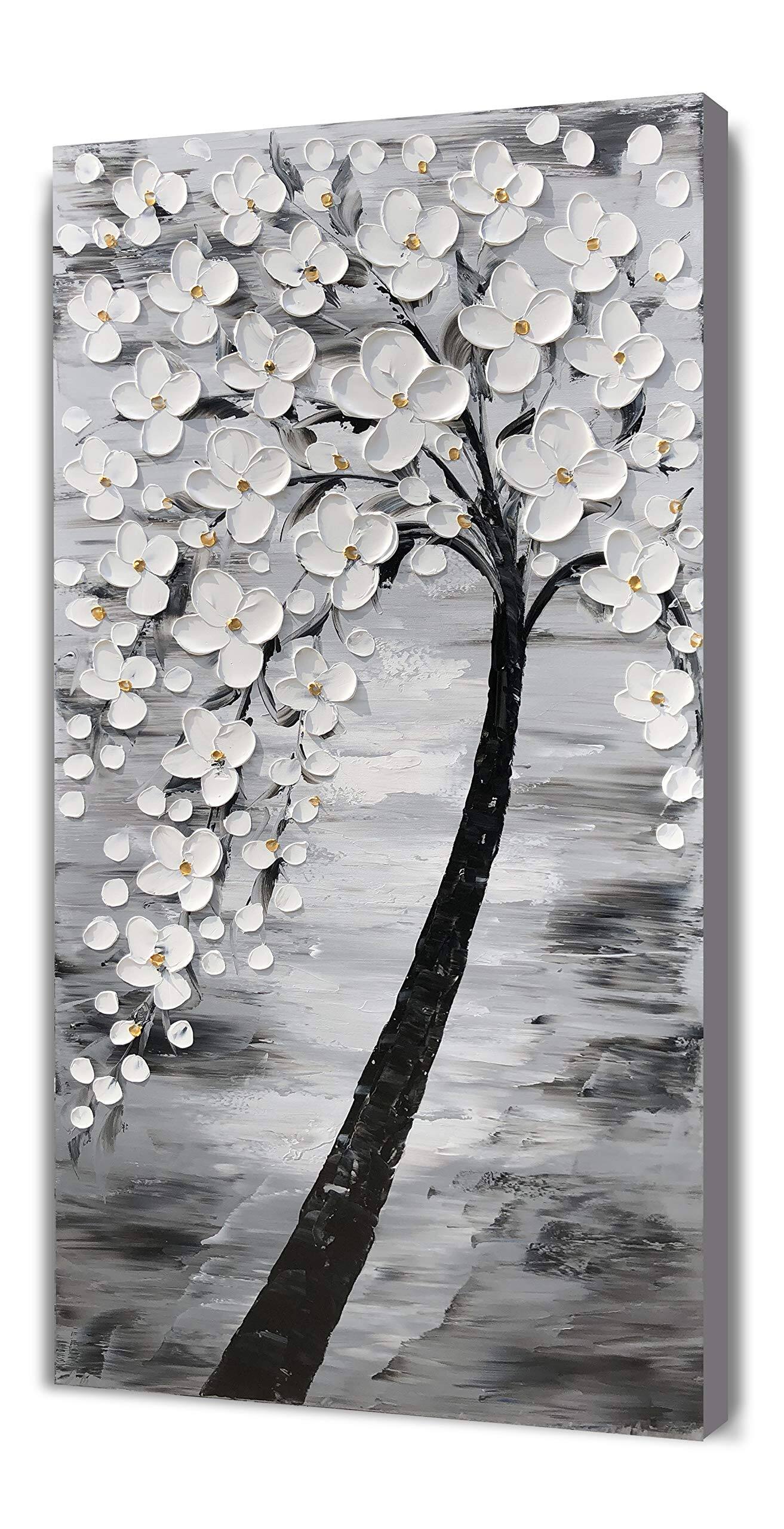 Front. Hirose Alice - Yihui Arts Hand-Painted Textured Blossom Tree Art on Canvas & Toned Floral Painting for Modern Home Decor - Vertical Flower Art 40"L x 20"W.