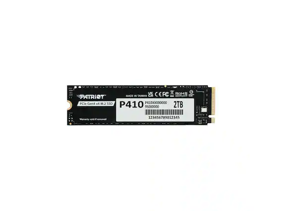 PATRIOT
PCIe Gen4 x4 M.2 SSD
MADE IN TAIWAN
P410
P410XX000000
95000000
2TB
Warranty void if removed
123456789012345
UK CE FCC RoHS COMPLIANT