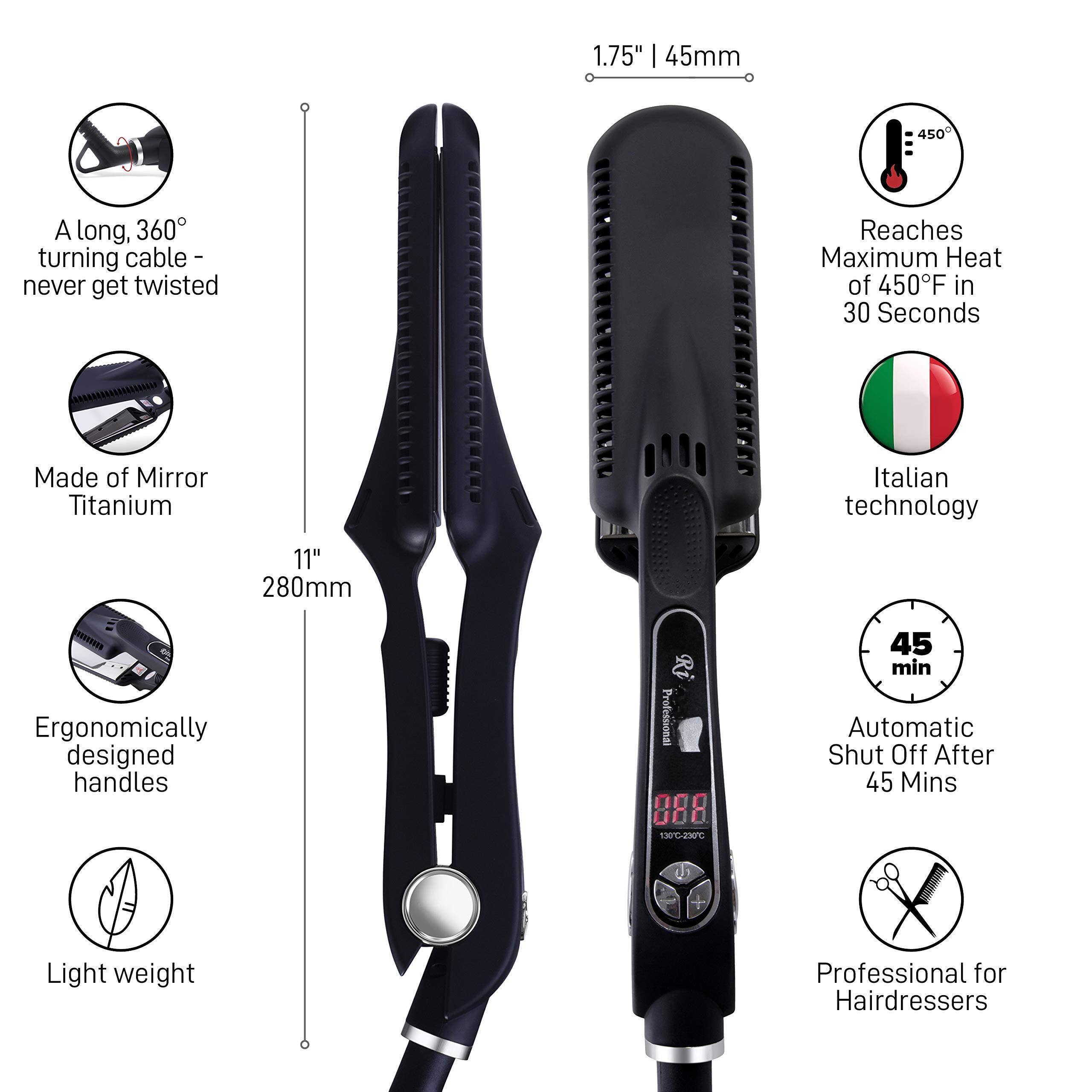 - 1.75" | 45mm
- A long, 360° turning cable - never get twisted
- Made of Mirror Titanium
- 11" | 280mm
- Ergonomically designed handles
- Light weight
- Reaches Maximum Heat of 450°F in 30 Seconds
- Italian technology
- 45 min Automatic Shut Off After 45 Mins
- Professional for Hairdressers