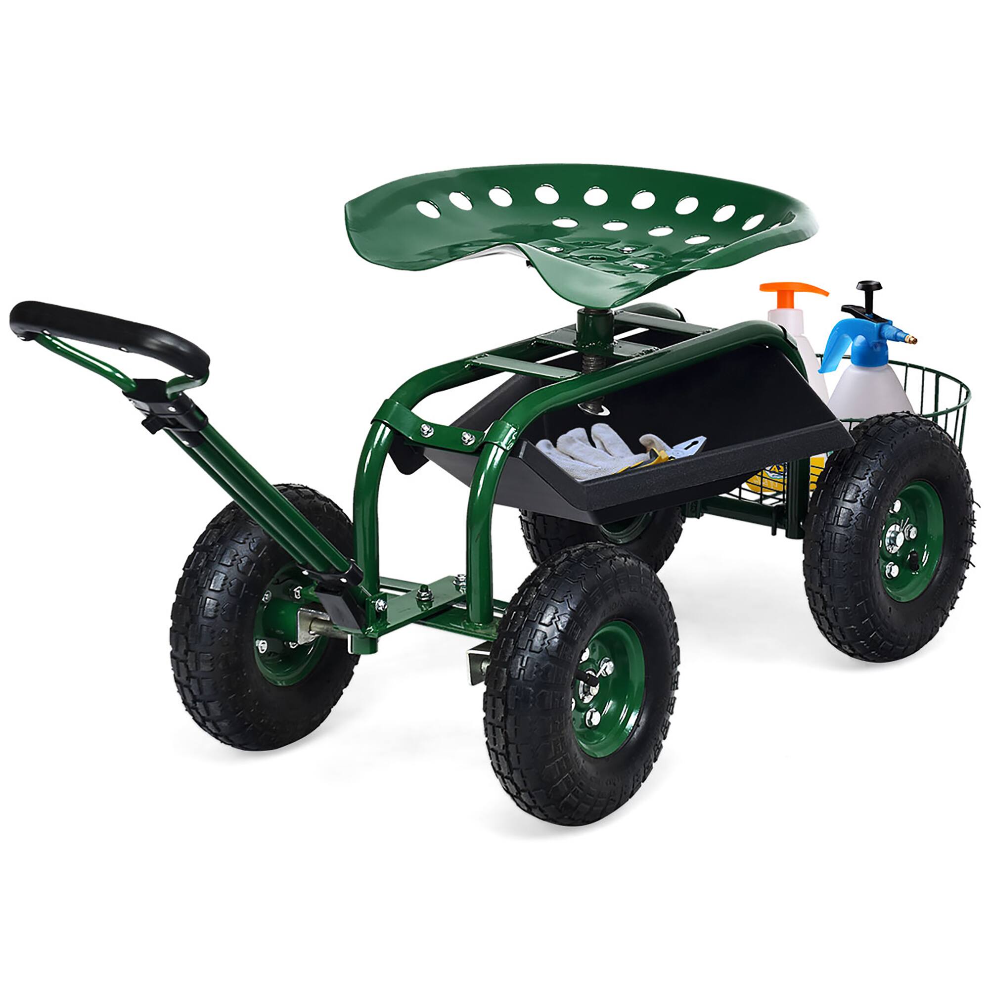 Alt View 7. Costway - Costway Garden Cart Rolling Work Seat with Tray Basket Extendable Handle - Green.