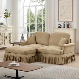 Anysun - Mid-Century L-Shape Chenille Loveseat with Ottoman - Flared Arms, Ruffled Skirt & Spindle Legs - Coffee