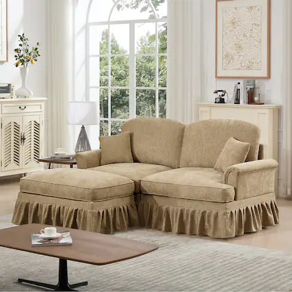 Front. Anysun - Mid-Century L-Shape Chenille Loveseat with Ottoman - Flared Arms, Ruffled Skirt & Spindle Legs - Coffee.