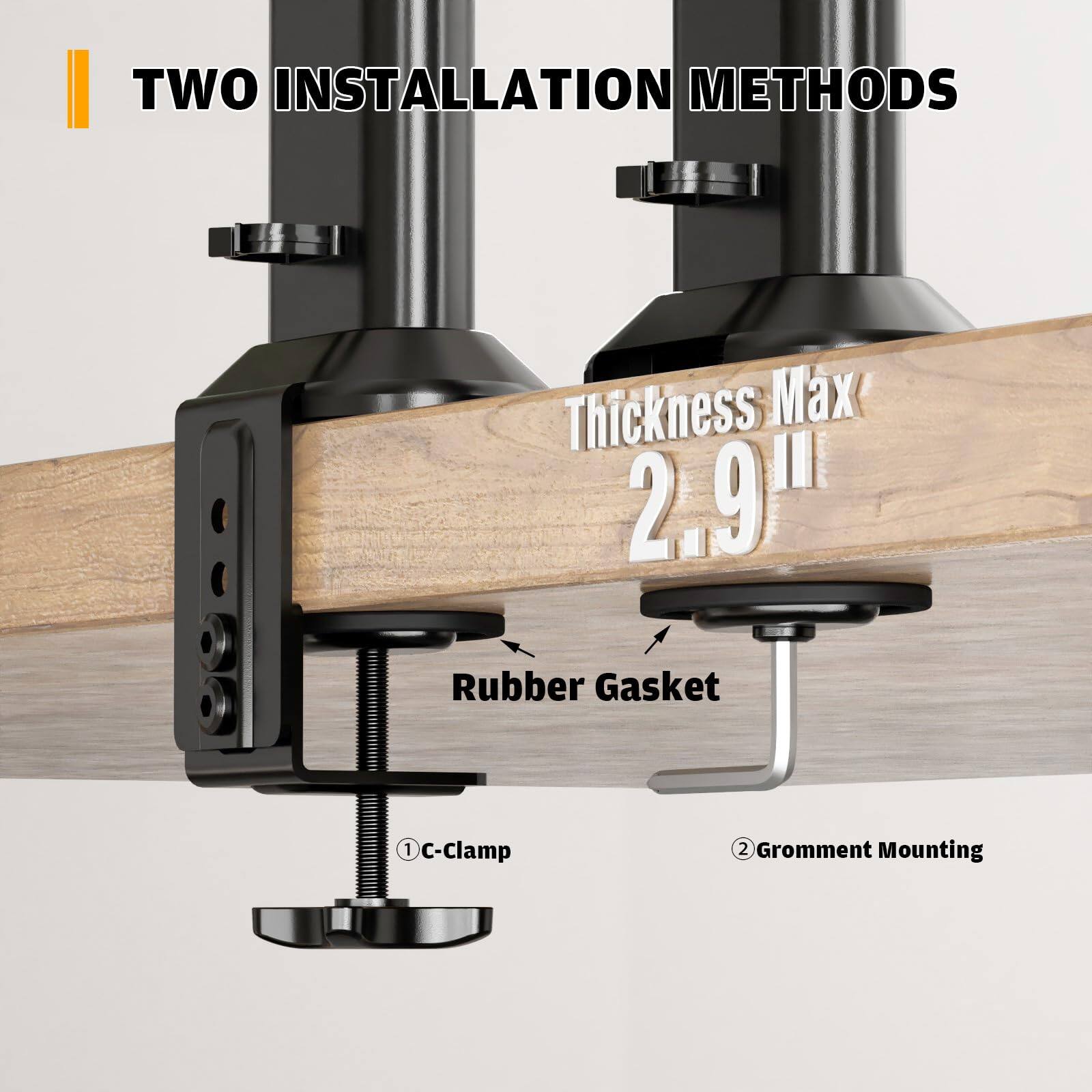 TWO INSTALLATION METHODS

Thickness Max 2.9"

Rubber Gasket

1. C-Clamp

2. Grommet Mounting