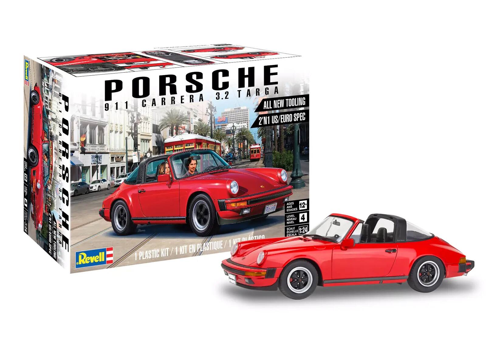 PORSCHE  
911 CARRERA 3.2 TARGA  
ALL NEW TOOLING  
2'N1 US/EURO SPEC  

1 PLASTIC KIT / 1 KIT EN PLASTIQUE / 1 KIT EN PLASTIK  

AGES 12+  
NIVEAU 4  
SCHELLE 1:24  

Revell