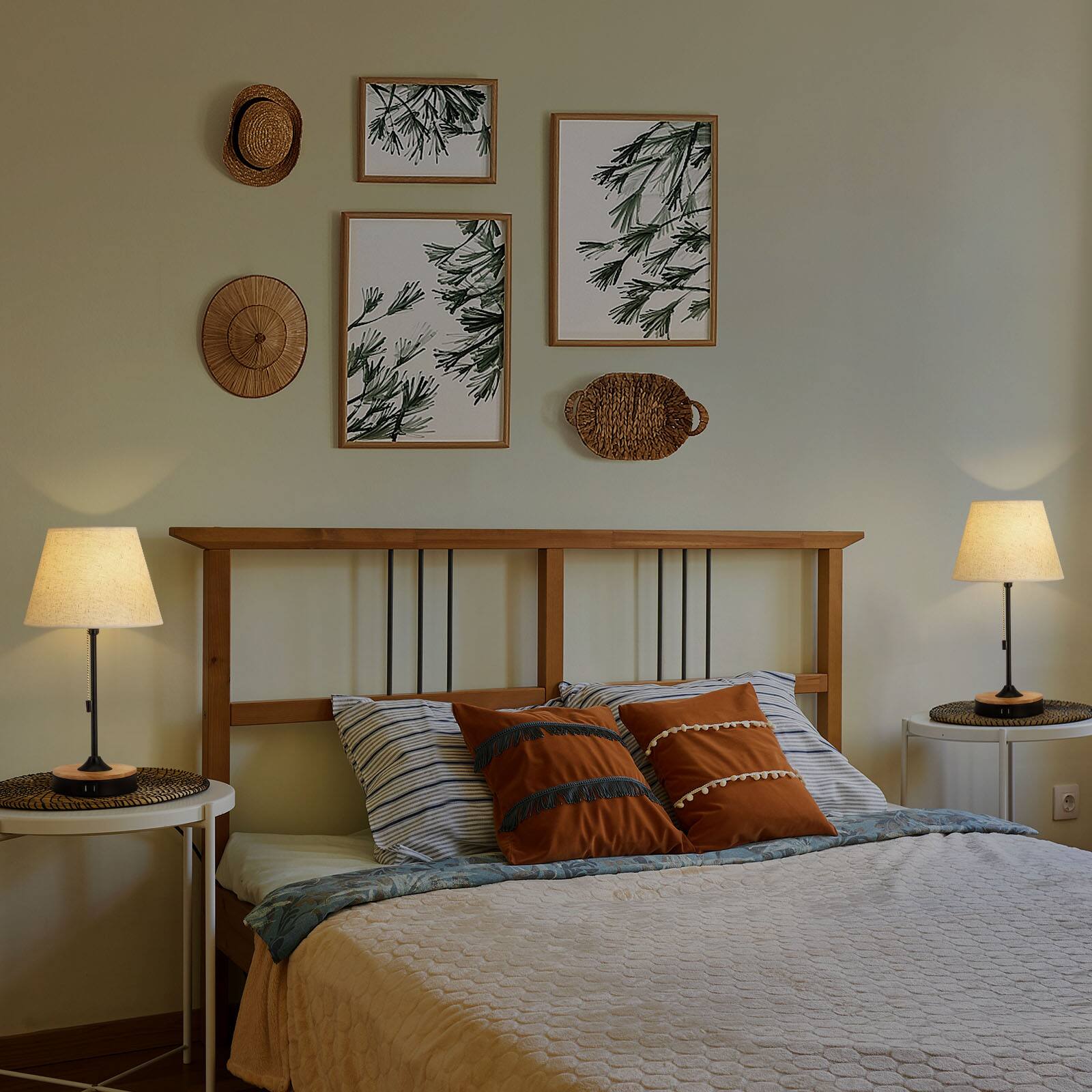 Alt View 1. Oumilen - Set of 2 Linen Shade Table Lamps with Dual USB – Modern Black Metal & Wood Base Nightstand Lamps.
