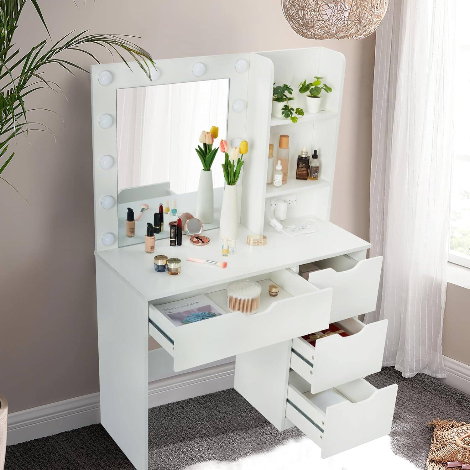 Alt View 2. GARVEE - Makeup Vanity with Mirror,12 LED Lights with 3 Adjustable Lighting Modes and Brightness Levels, Built-in Power Outlet - White.