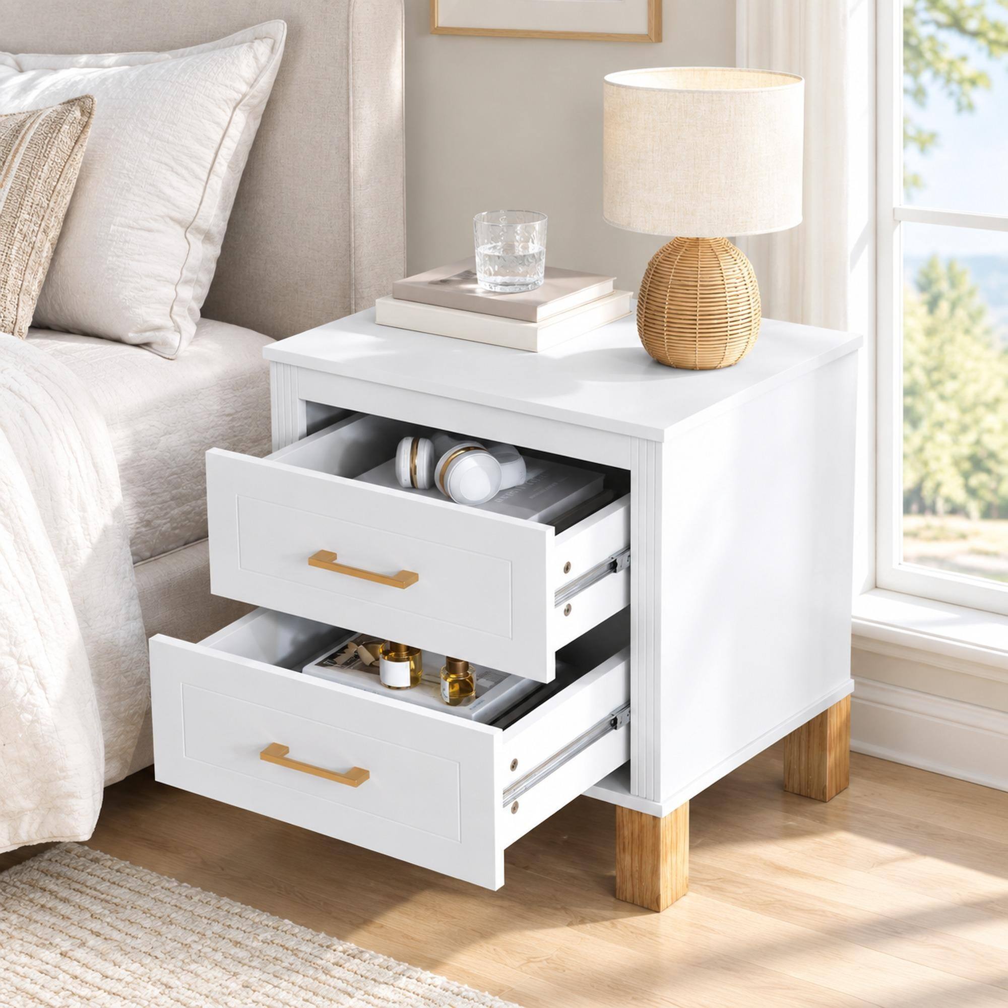 RYHNUYNE 2 Drawer Nightstand, MDF Frame, Solid Wood Legs, Fluted Panels ...