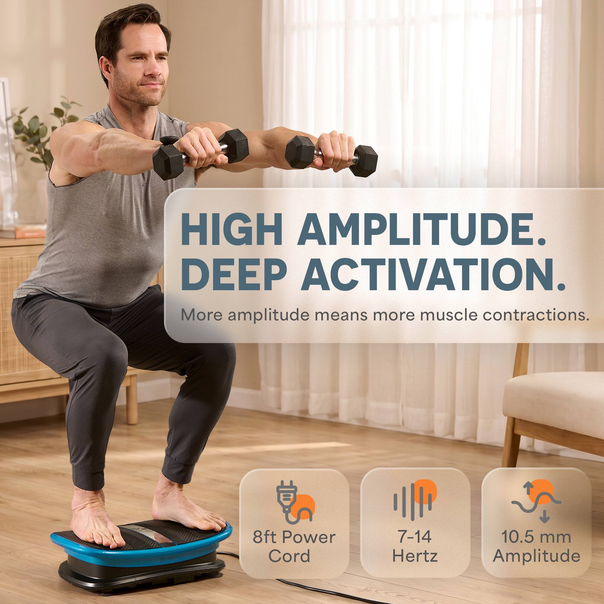 HIGH AMPLITUDE.  
DEEP ACTIVATION.  
More amplitude means more muscle contractions.  

8ft Power Cord  
7-14 Hertz  
10.5 mm Amplitude