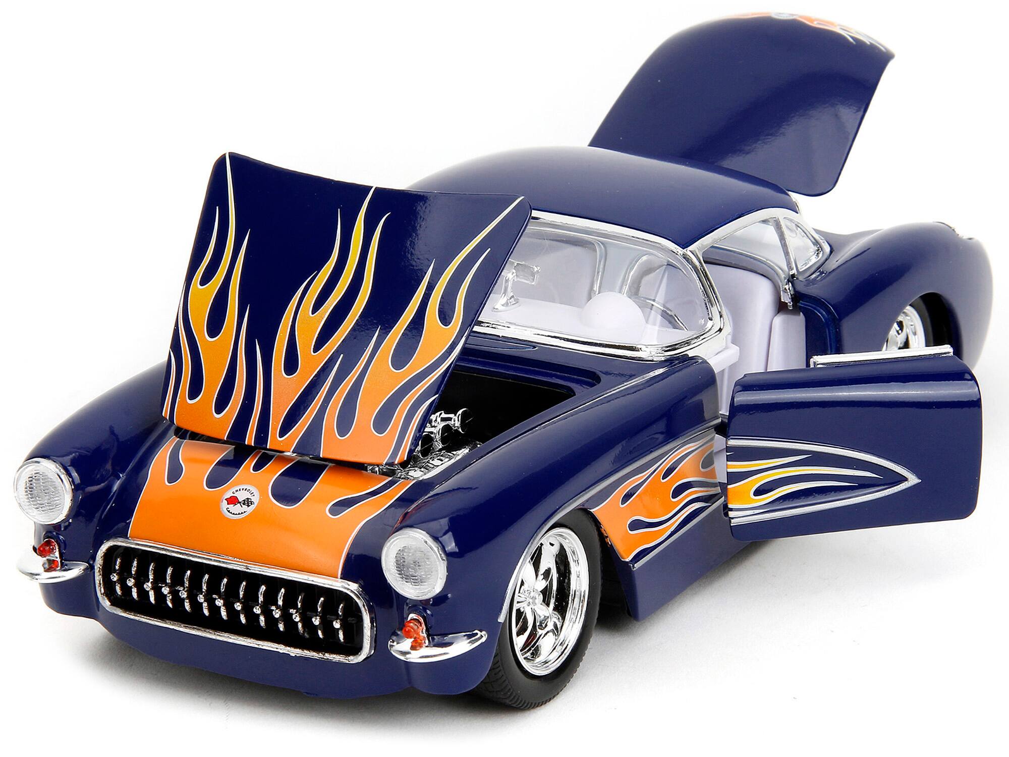 Angle. Jada - 1957 Chevrolet Corvette Dark Blue with Flame Graphics and White Interior "Bigtime Muscle" Series 1/24 -  Dark Blue with White.