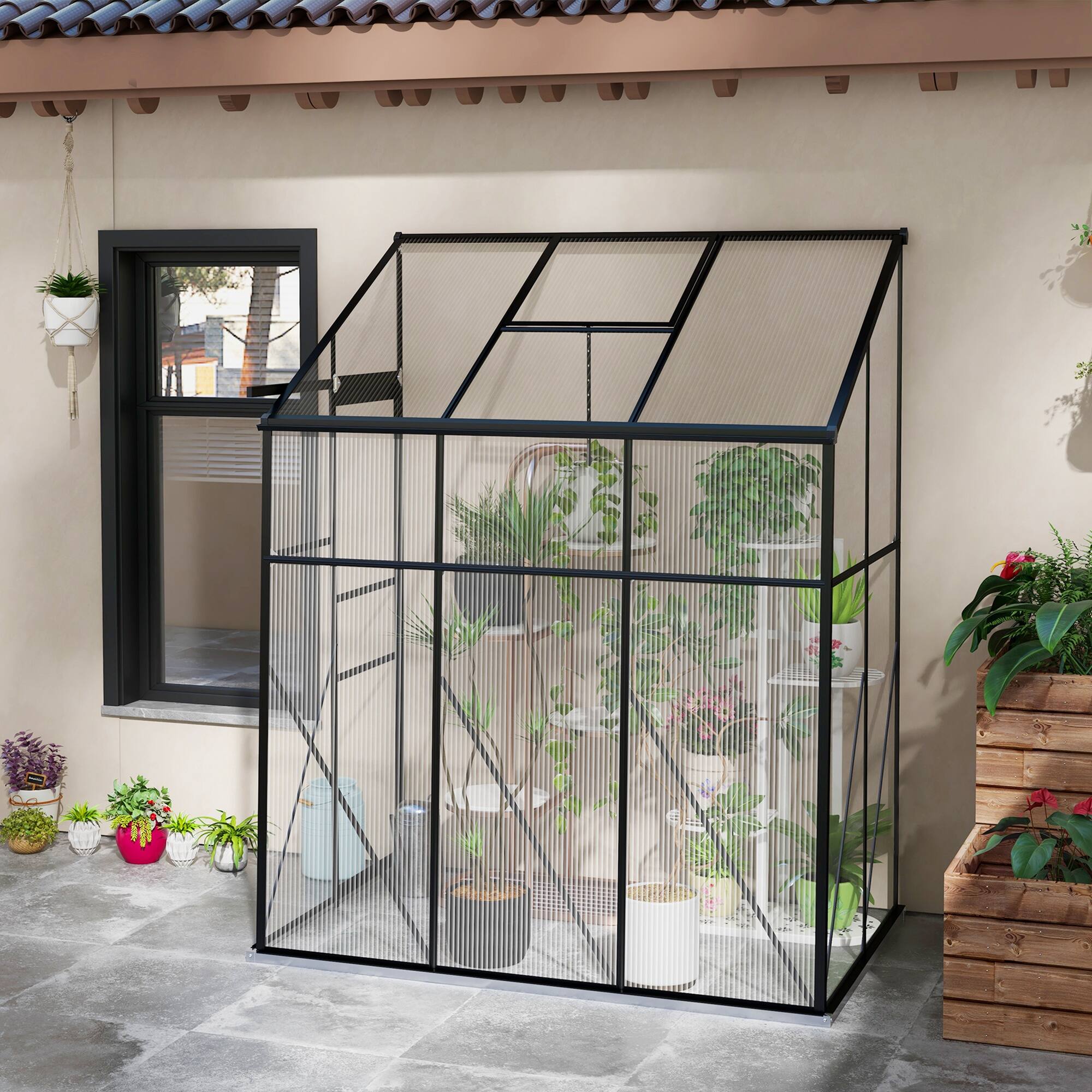Alt View 1. Outsunny - 6' x 4' Lean-to Polycarbonate Greenhouse, Walk-in Hobby Green House with Sliding Door, 5-Level Roof Vent, Rain Gutter.