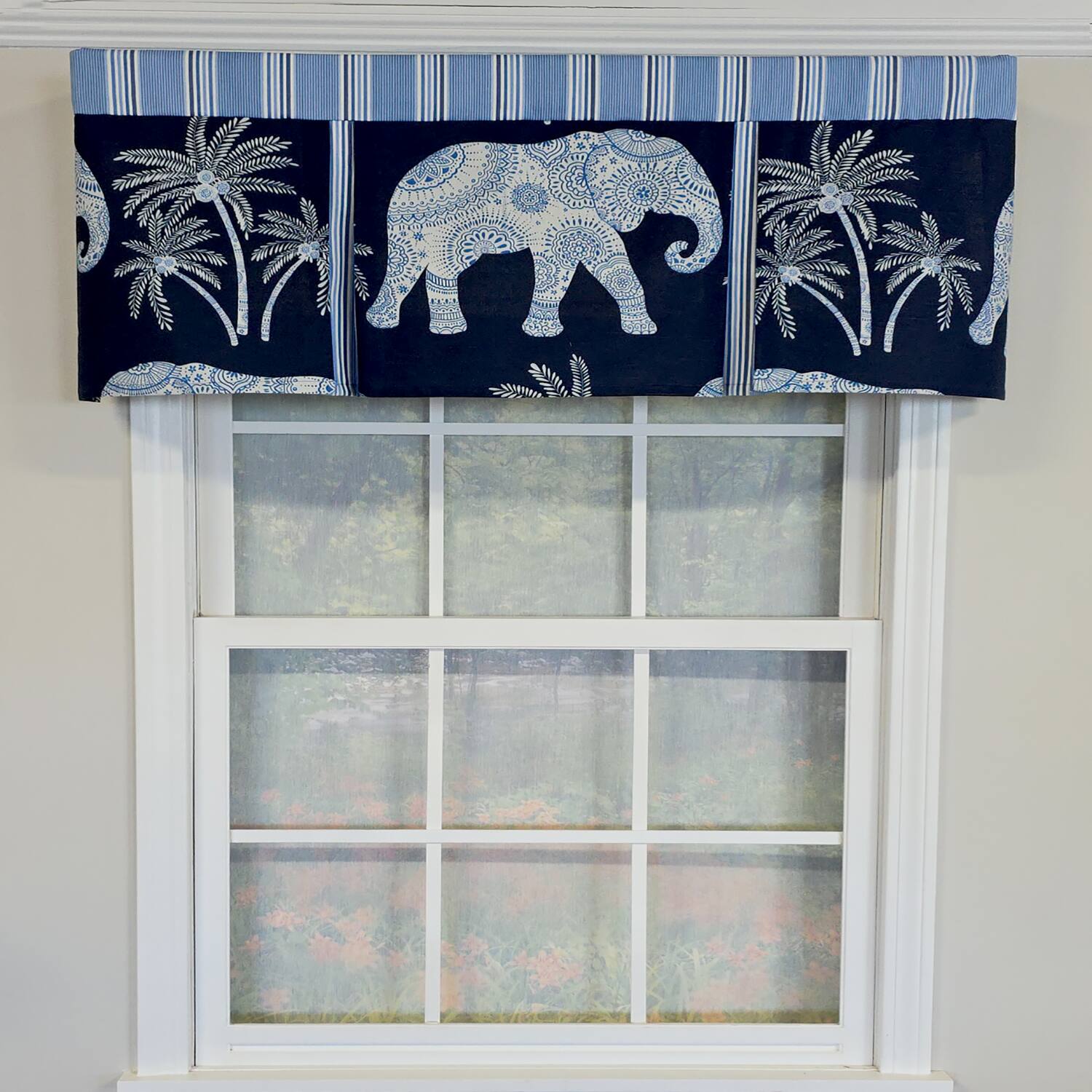 Angle. RLF Home - RLF Home 100% Cotton White Elephant Pleated  Unlined Windows Rod Pocket Valance 50" x 17"  Blue - Blue.