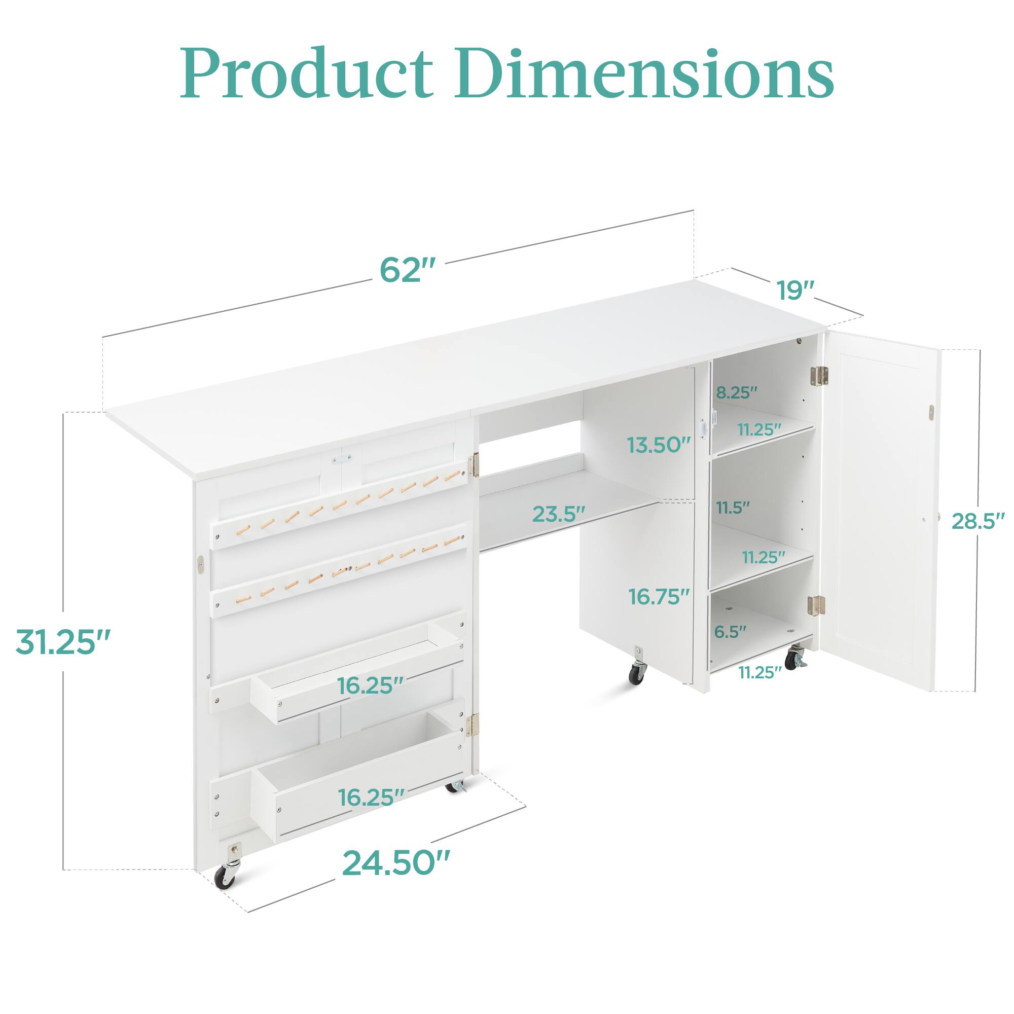 Product Dimensions: 62" x 19" x 8.25" x 13.50" x 11.25" x 23.5" x 11.5" x 28.5" x 11.25" x 16.75" x 31.25" x 16.25" x 6.5" x 11.25" x 16.25" x 24.50"