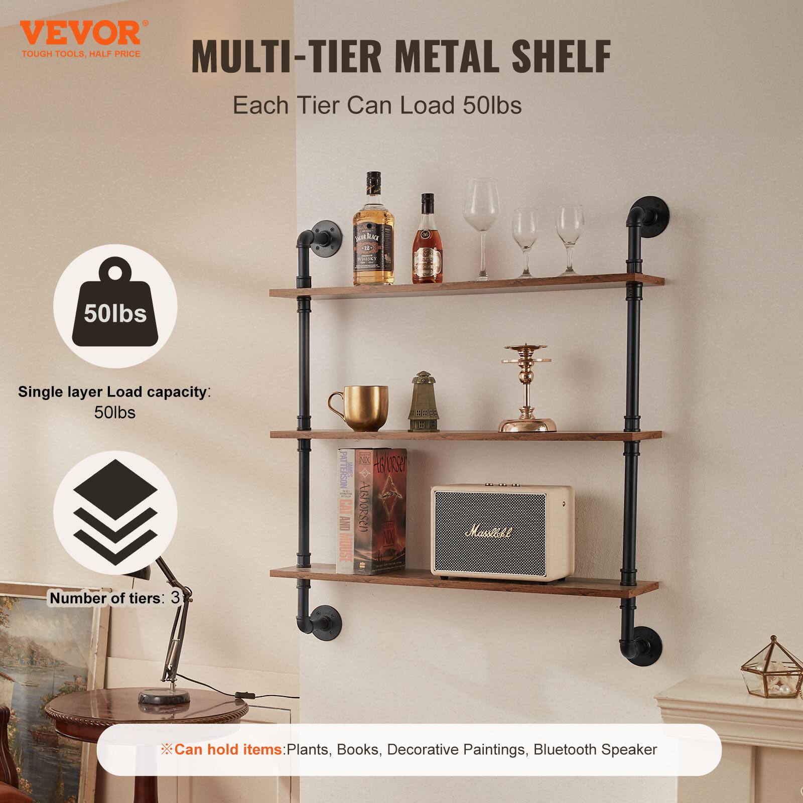 VEVOR  
TOUGH TOOLS, HALF PRICE  

MULTI-TIER METAL SHELF  

Each Tier Can Load 50lbs  

Single layer Load capacity: 50lbs  

Number of tiers: 3  

Can hold items: Plants, Books, Decorative Paintings, Bluetooth Speaker
