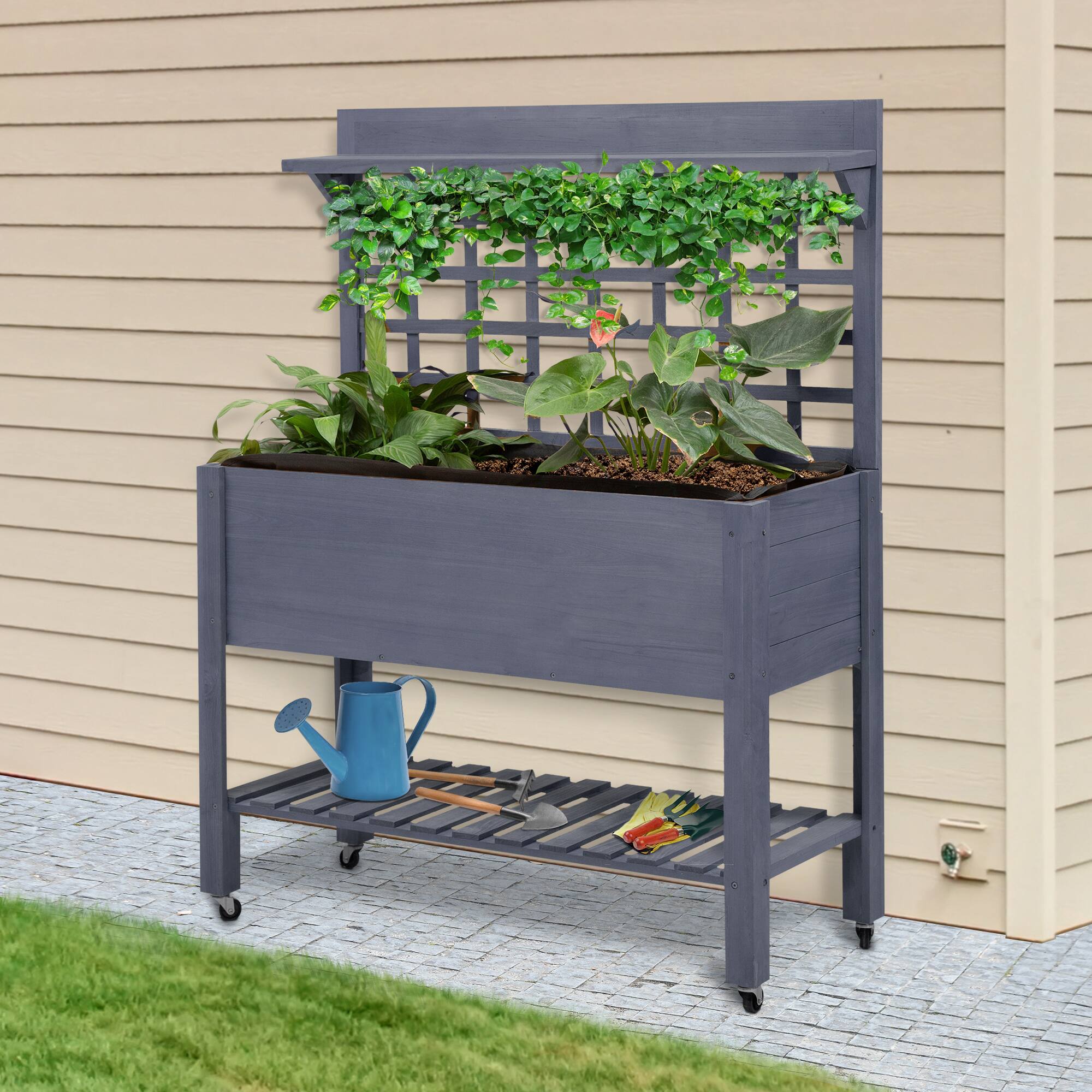 Alt View 1. Outsunny - 41" Raised Garden Bed with Trellis on Wheels, Wooden Elevated Planter Box with Legs and Bed Liner - Gray.