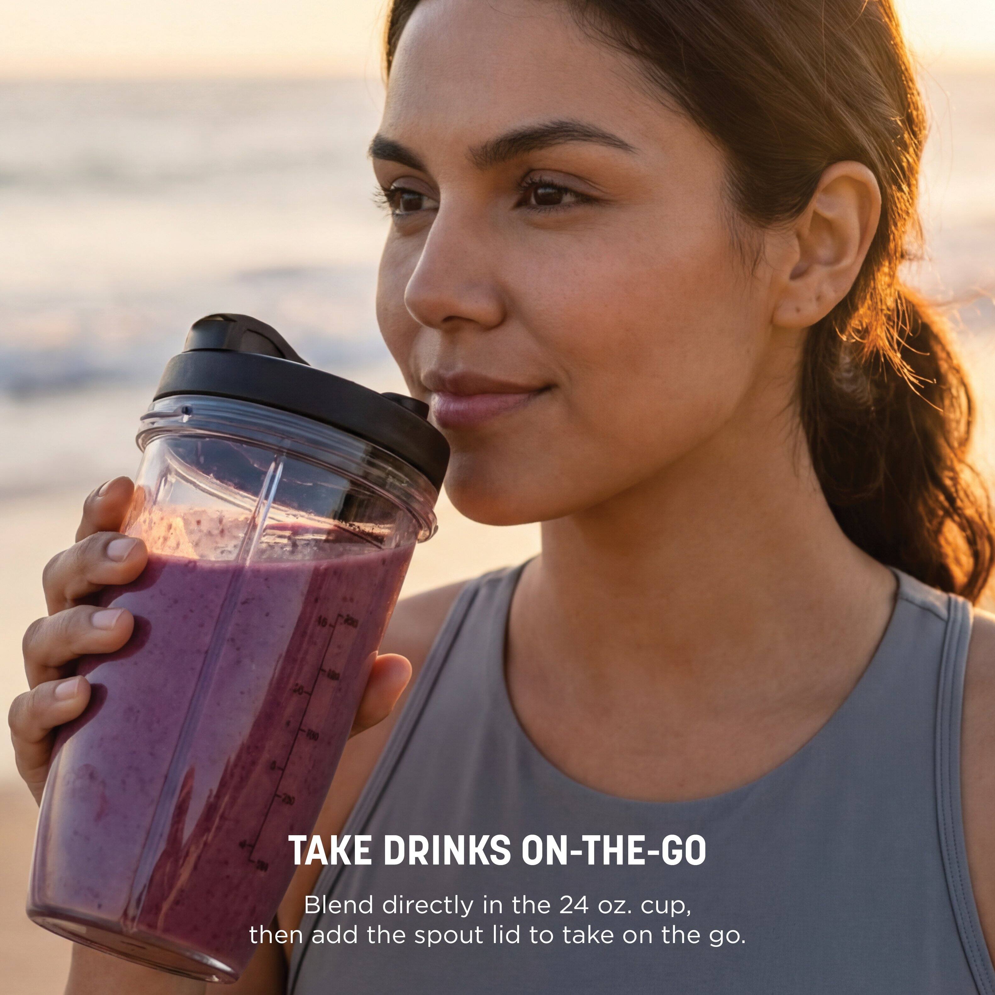 is 20 1 100 a 2N0 4 3 TAKE DRINKS ON-THE-GO Blend directly in the 24 oz. cup, then add the spout lid to take on the go.