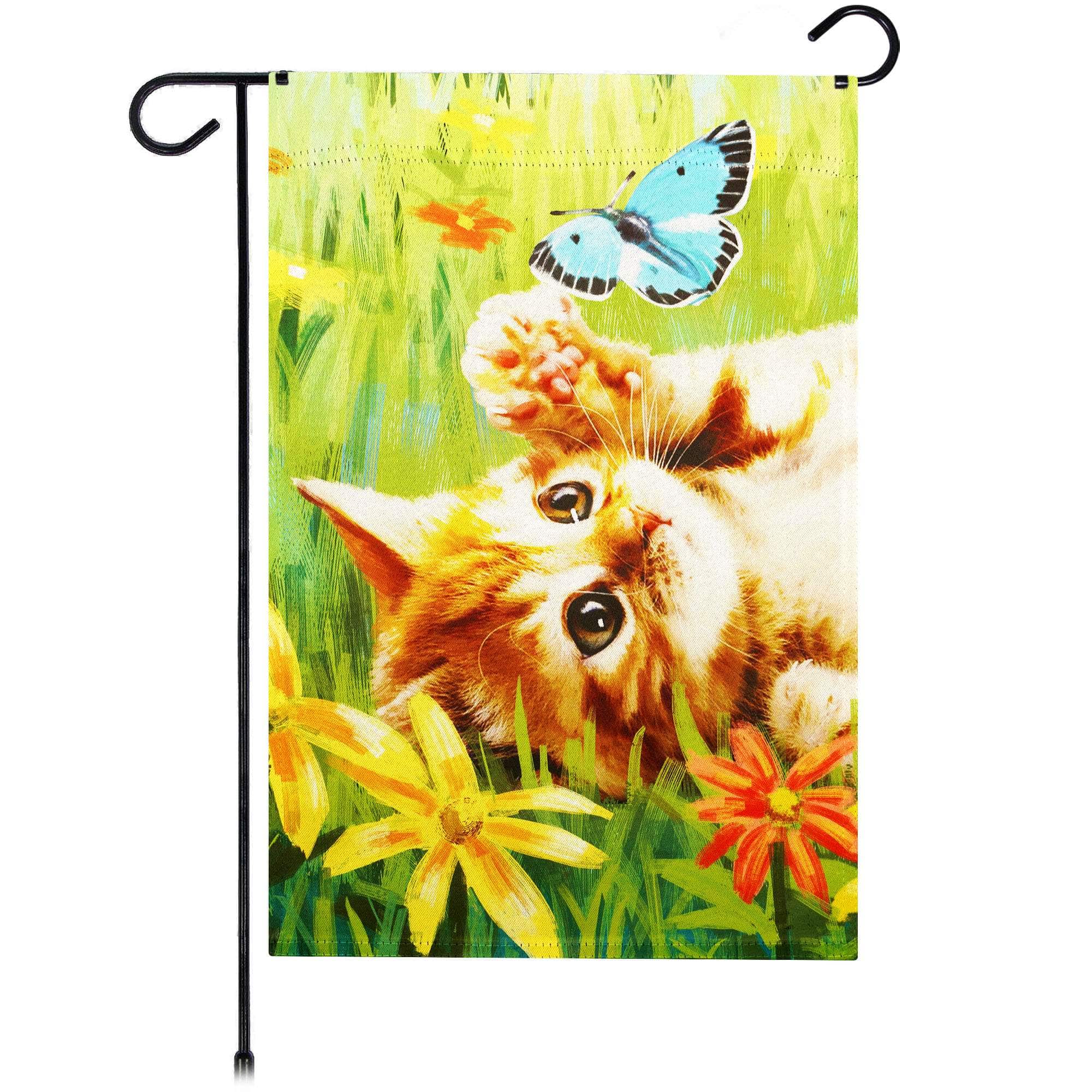 G128 - Kitten Butterfly Flowers Garden Flag, 12 x 18 in, Double-Sided Spring Yard Decoration - Multicolor