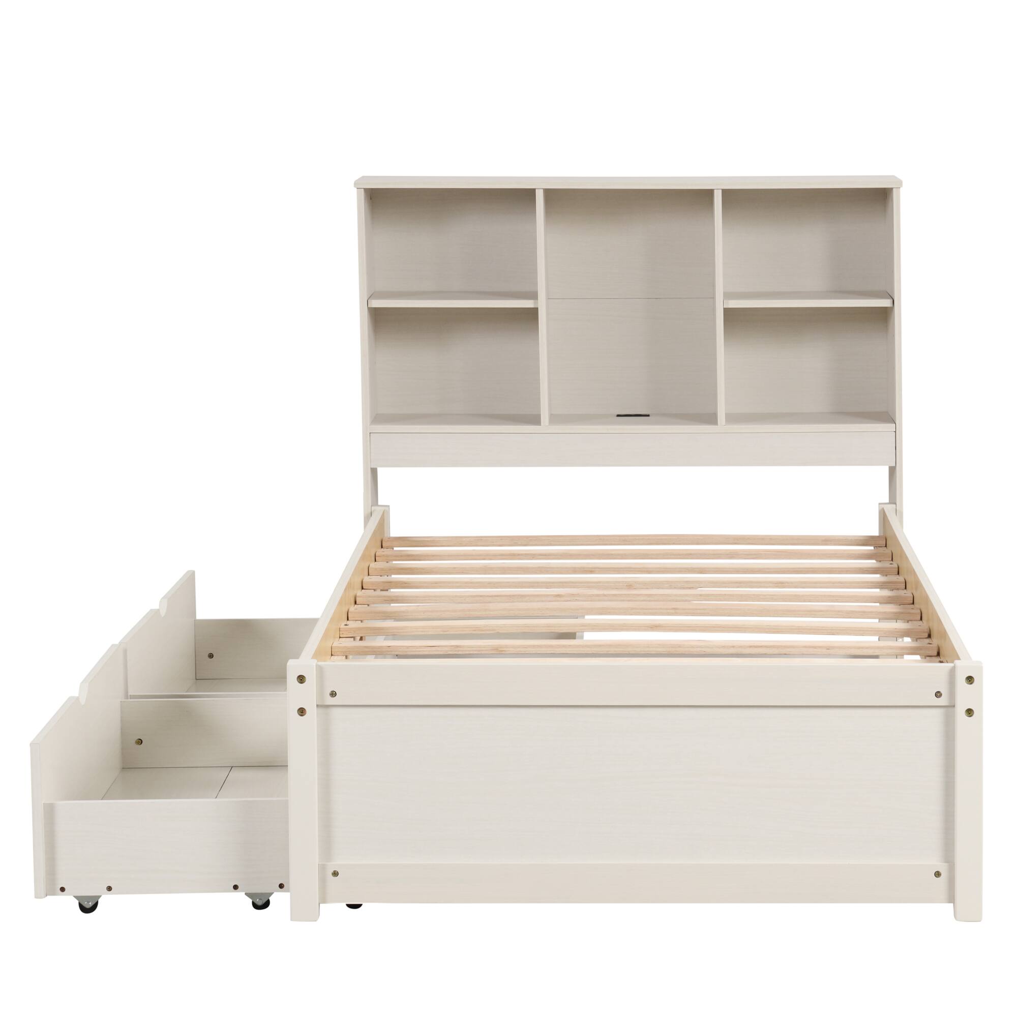 Alt View 1. GOODSILO - Contemporary Twin Size Bed Frame with USB Charging Port, Bookcase Headboard, and Underbed Storage Drawers - White Washed.