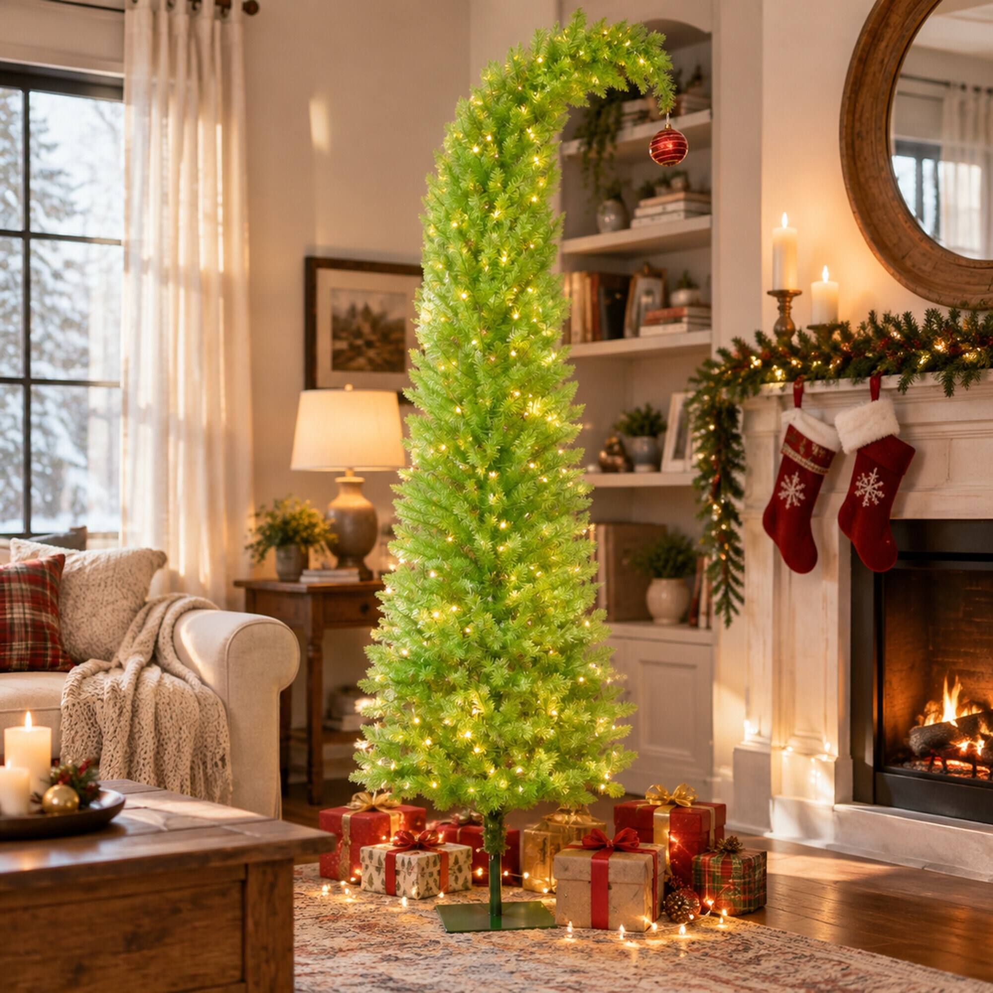 Angle. RYHNUYNE - 6FT Pre-Lit Whimsical Pencil Christmas Tree With 230 LED Lights and Red Balls, Metal Base - Green.
