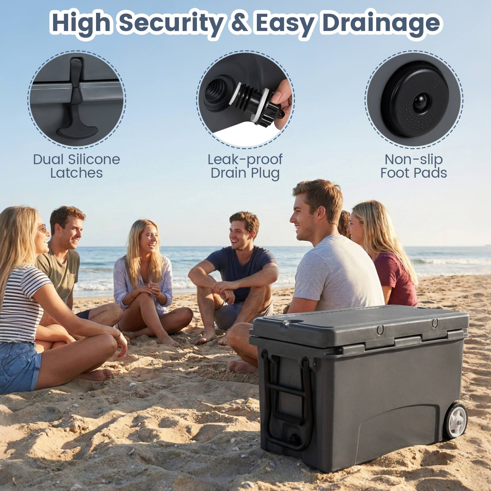 High Security & Easy Drainage  
Dual Silicone Latches  
Leak-proof Drain Plug  
Non-slip Foot Pads