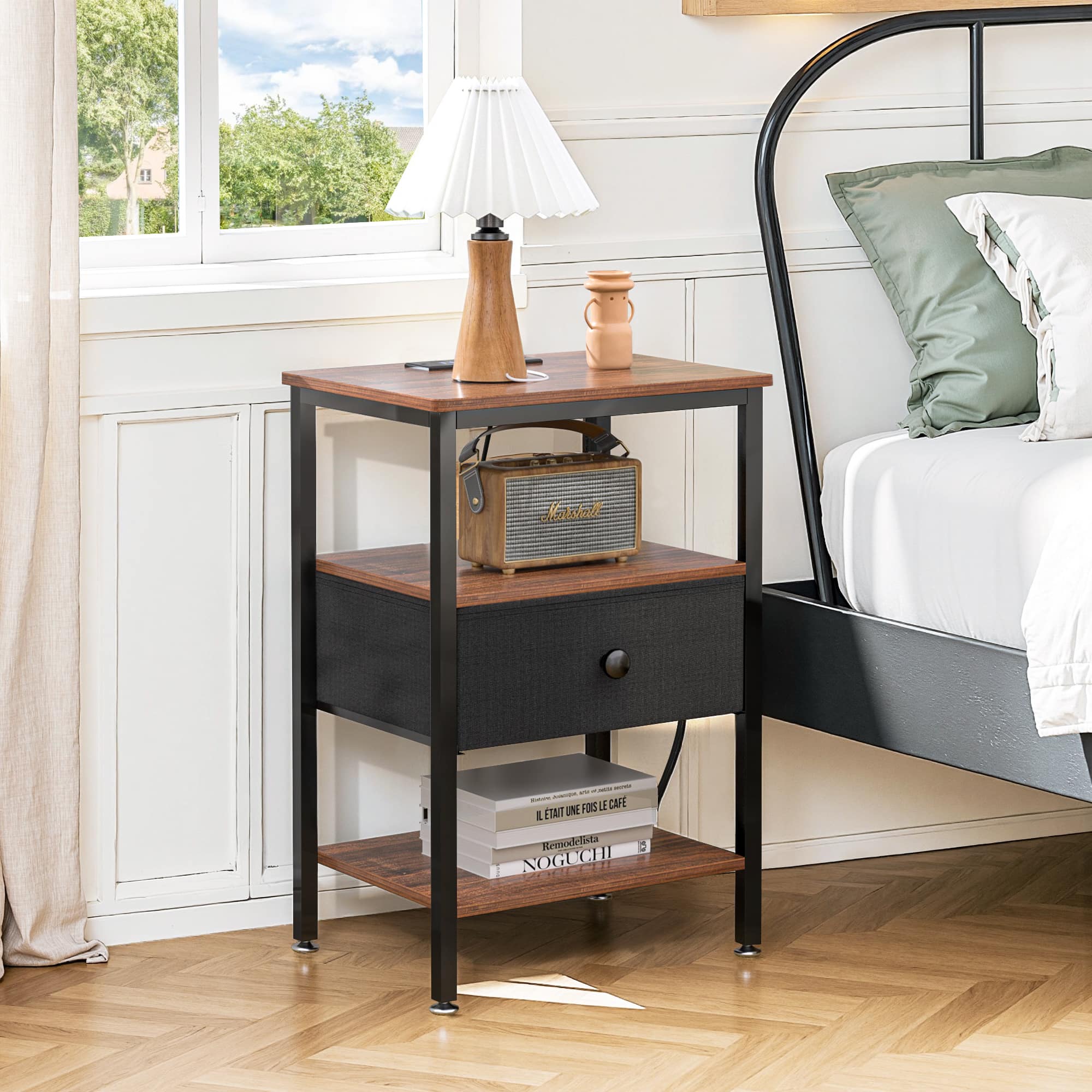 Vecelo - 1Pack Nightstand with Charging Station, Bedside Table with USB Ports and Outlets for Bedroom - Brown