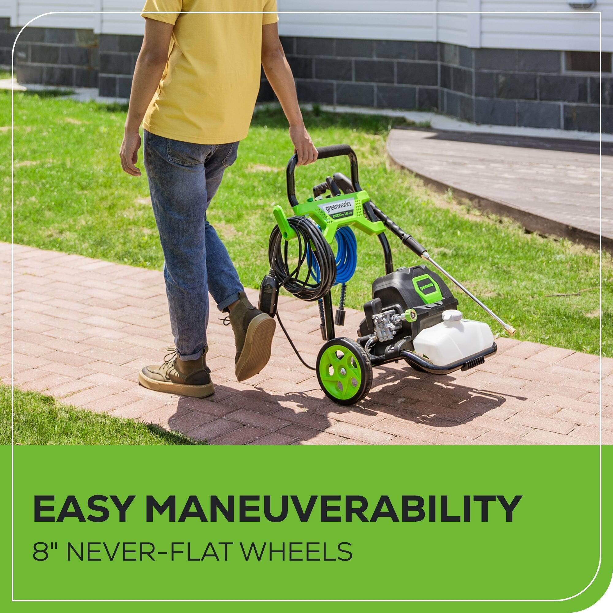 greenworks - H11!15 ad EASY MANEUVERABILITY "8" NEVER-FLAT WHEELS