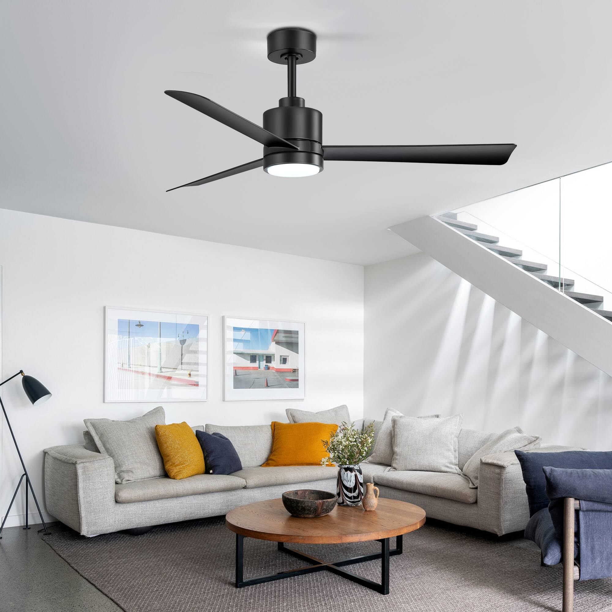 Alt View 2. Breezary - 52-in Indoor 3-Blade DC Ceiling Fan with Color-Changing Light, 6-Speed Motor, Remote & 5″/10″ Downrods, Timer - Matte Black.