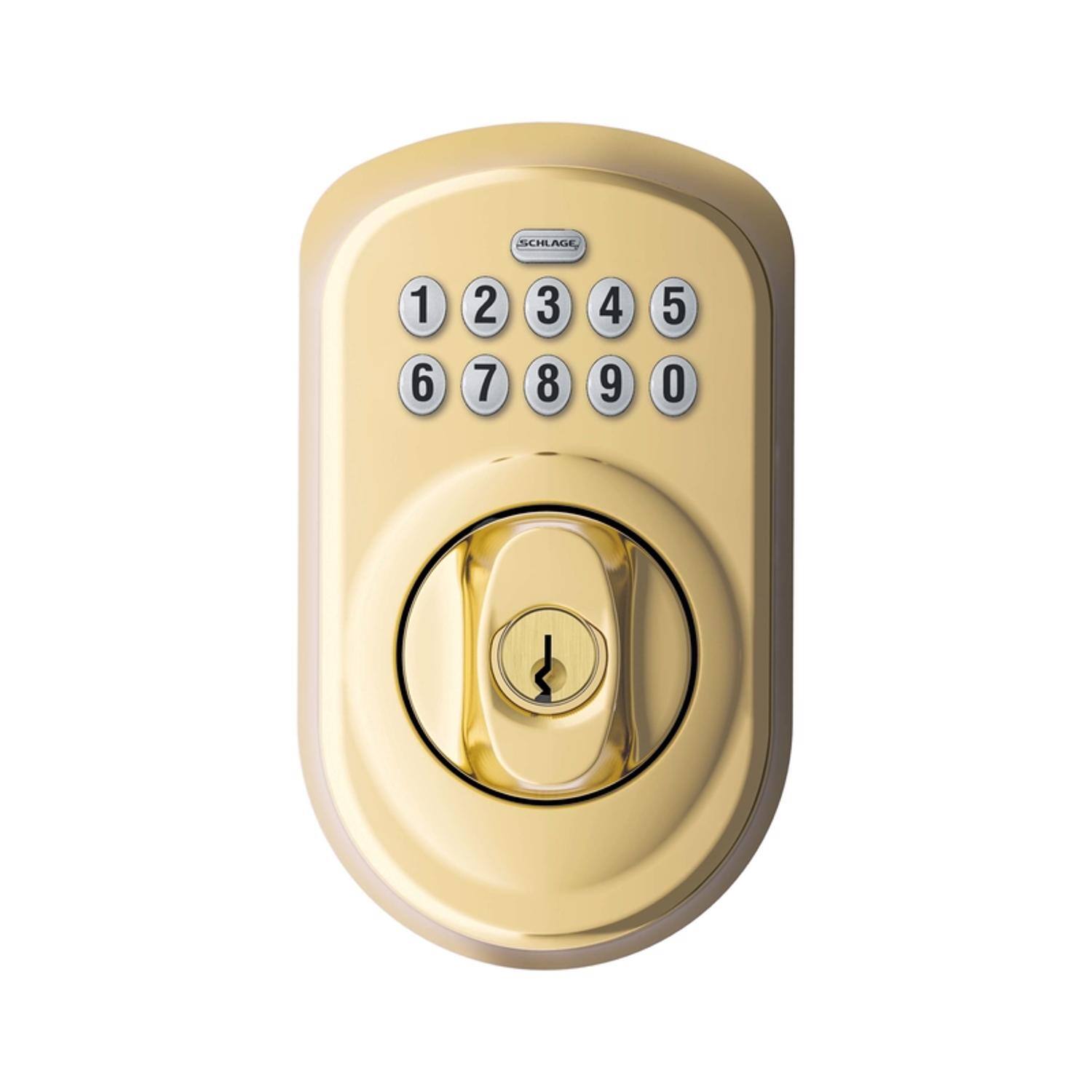 Left. Schlage - Schlage Bright Brass Steel Electronic Deadbolt - Bright Brass.