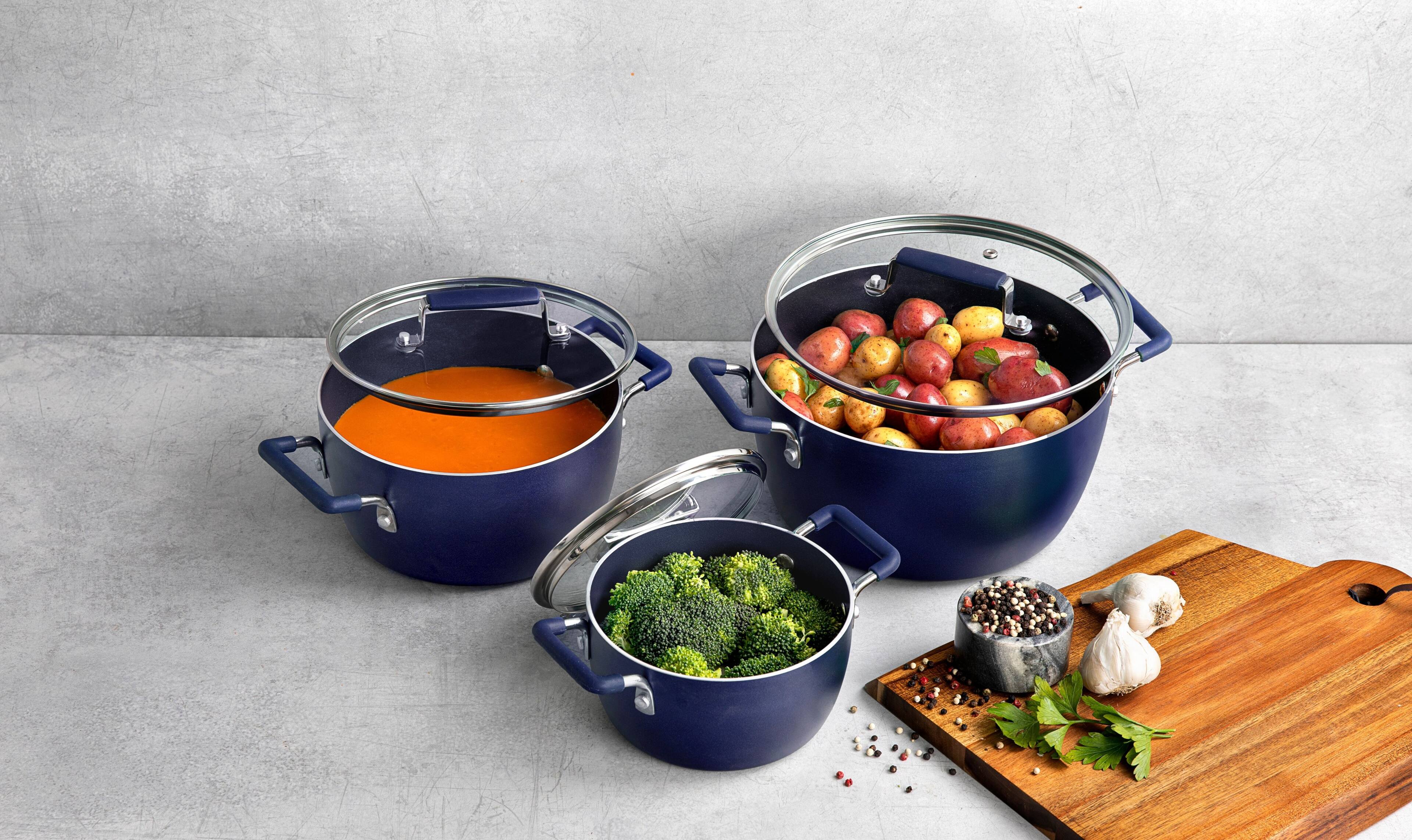 Alt View 1. Granitestone - Granitestone 6 Piece Stackable Nonstick Blue Nesting Pots with Lids - Blue.