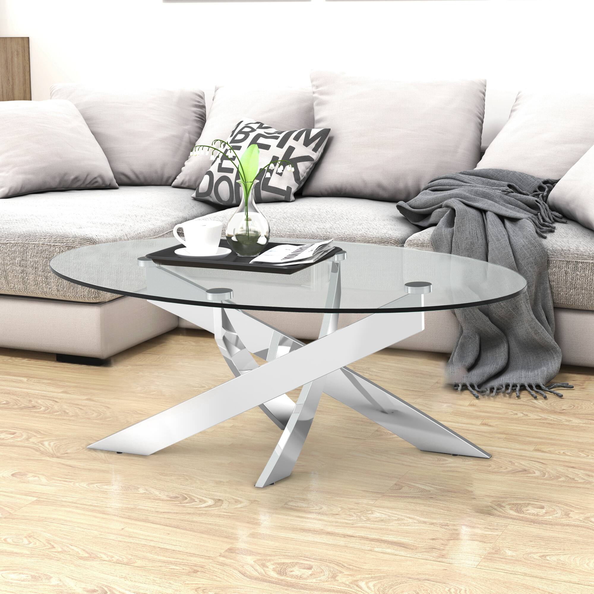 Back. Vaczon - Modern Round Glass Coffee Table Clear Tempered Glass Top, Stainless Steel Criss-Cross Base, Coffee Table for Living Room - Chrome.