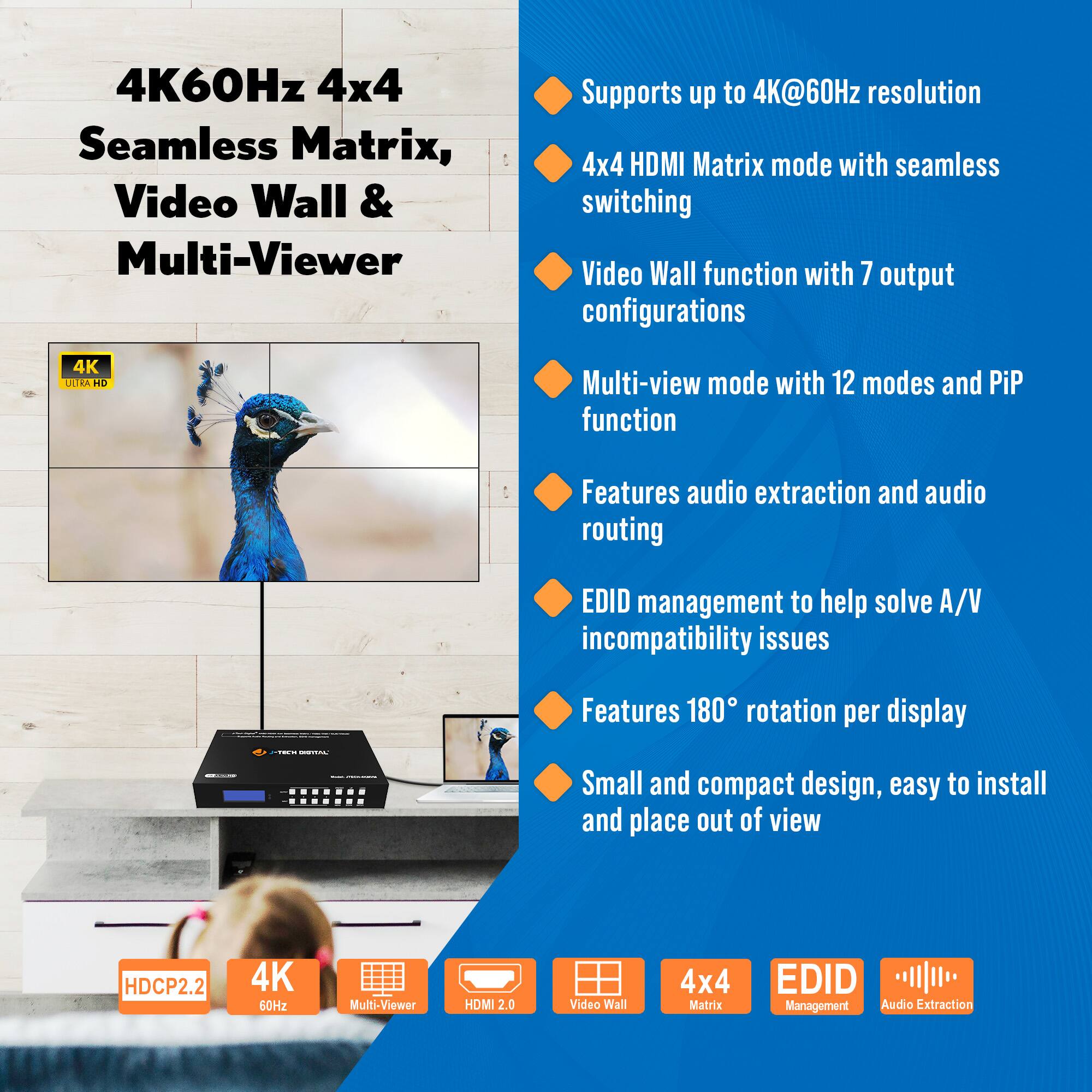 J Tech Digital 4K 60Hz 4x4 HDMI Matrix, Video Wall Controller
