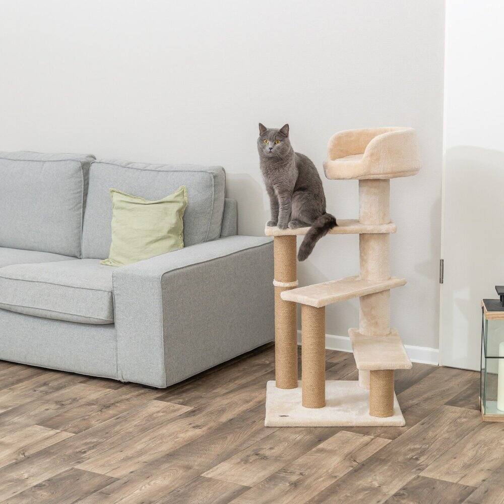 Angle. TRIXIE - Tulia Senior Plush & Sisal 4-Level Cat Tree, Scratching Posts & Bed - Beige.