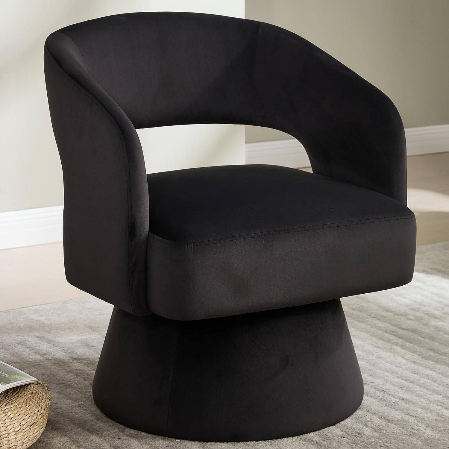 Trinkets Crazed - Swivel Accent Chair, 360 Degree Rotating Barrel Accent Chair Velvet Upholstered Living Room - Black