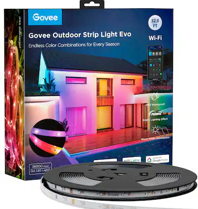 Govee Outdoor Strip Light Evo is a Wi-Fi enabled, IP65 waterproof lighting solution that offers endless color combinations for every season. It features a 32.8 FT long strip with 36000 hours of warm white illumination. The Govee W1 1 G works with both Alexa and Google Home, making it a versatile and convenient lighting option for outdoor spaces.