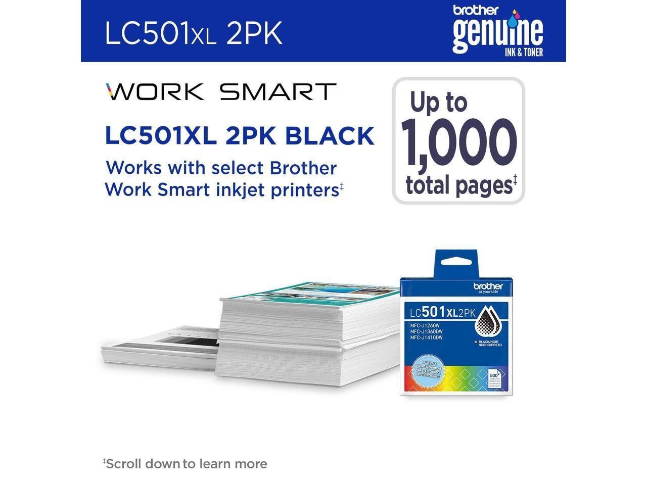 LC501XL 2PK  
Brother Genuine Ink & Toner  
Work Smart  
LC501XL 2PK Black  
Works with select Brother Work Smart inkjet printers*  
Up to 1,000 total pages*  

*Scroll down to learn more  

Brother MFC-J1260W  
Brother MFC-J1360DW  
Brother MFC-J1410DW