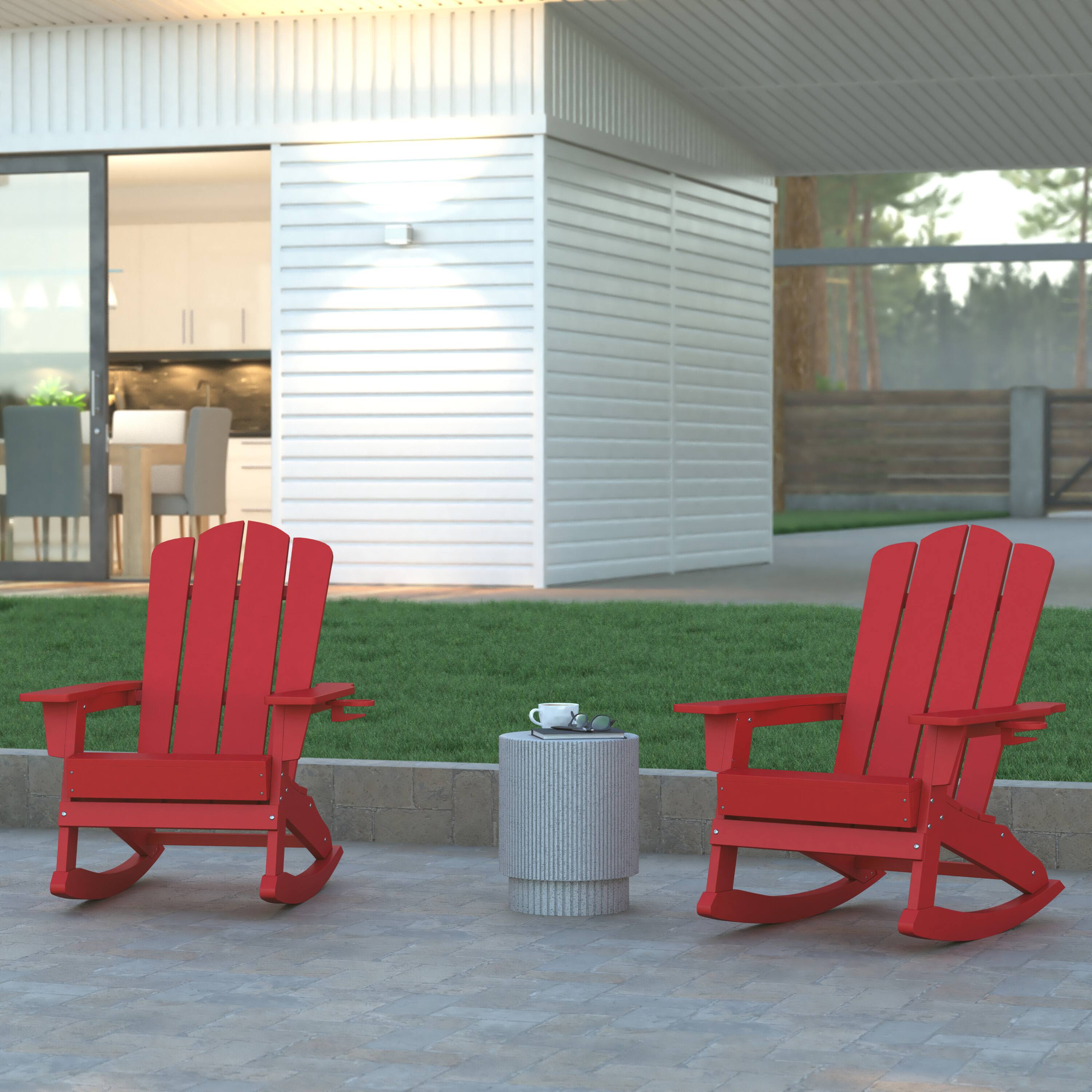 Alt View 2. Emma + Oliver - Haley Set of 2 Adirondack Rocking Chairs with Cup Holders, Weather Resistant HDPE Adirondack Rocking Chairs - Red.