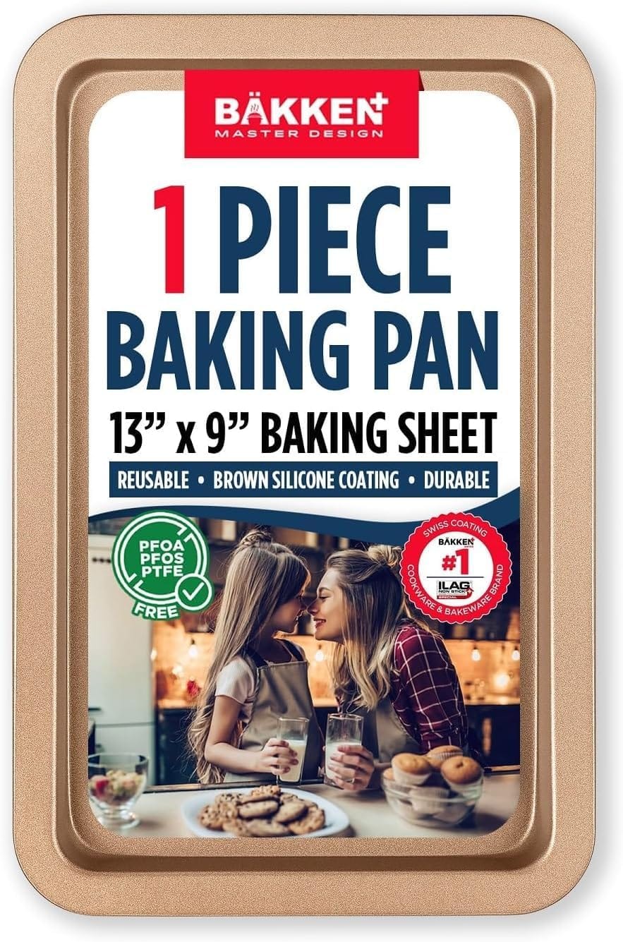 BKKEN MASTER DESIGN 1 PIECE BAKING PAN 13" X 9" BAKING SHEET REUSABLE BROWN SILICONE COATING DURABLE PFOA PFOS PTFE FREE SWISS COATING BAKKEN #1 COOKWARE ILAG - SIH BRAND & BAKEWARE