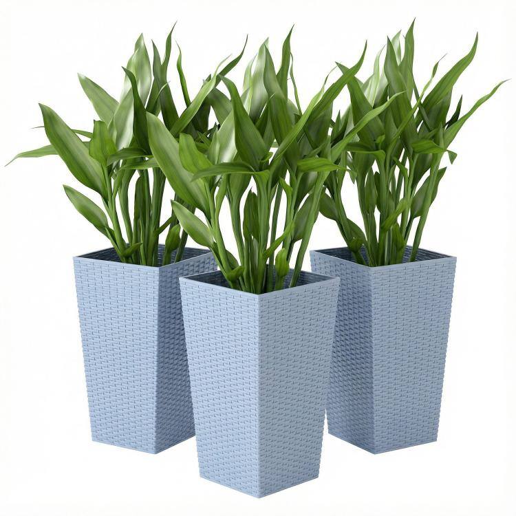Front. PULUZ - Tall Planters for Outdoor Plants Set of 3, 24 In Taper Planters with Drainage Holes, Rattan Decor Plant Pots - Light Gray.