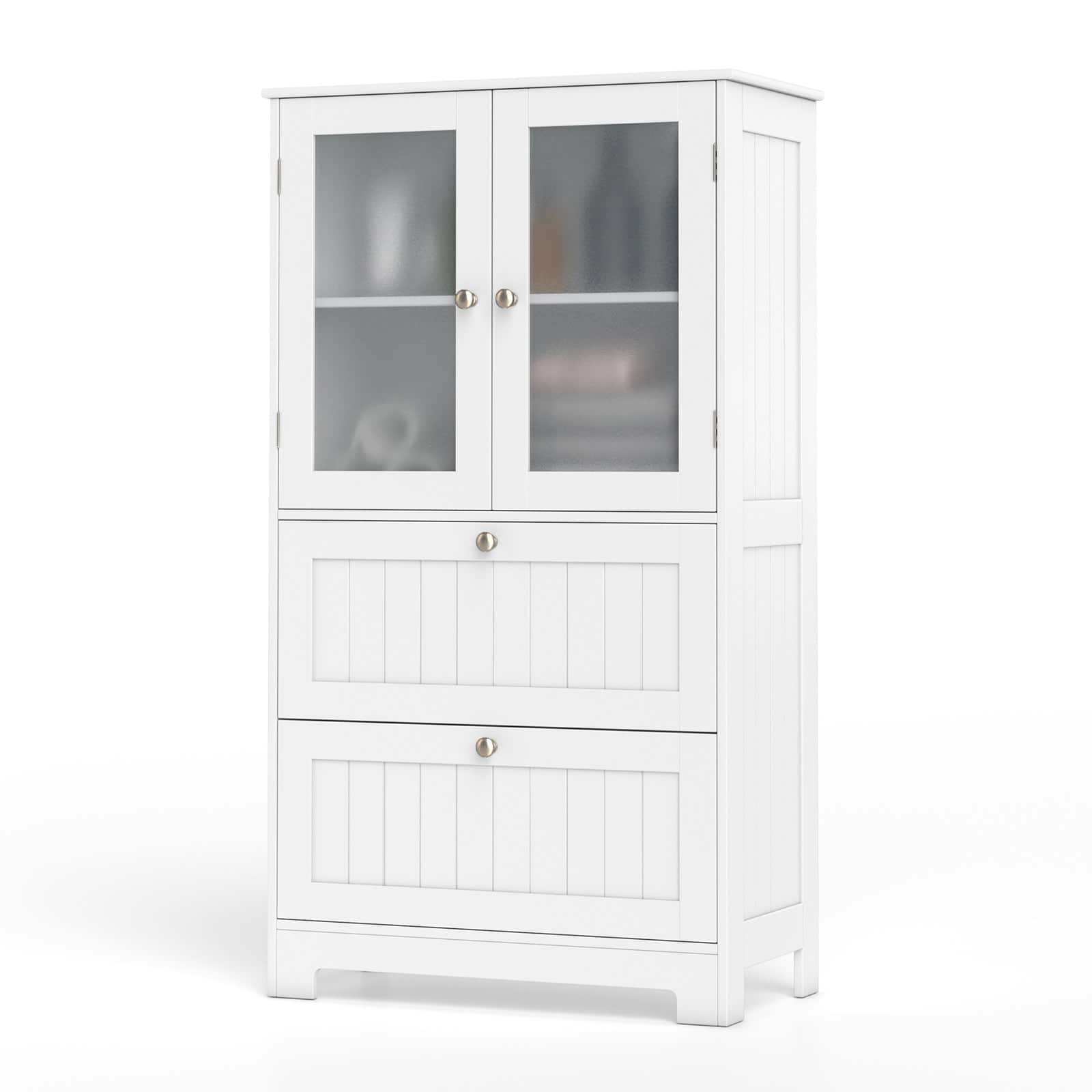 Gymax - Bathroom Floor Storage Cabinet Freestanding Cupboard Pantry w/ 2 Drawers - White