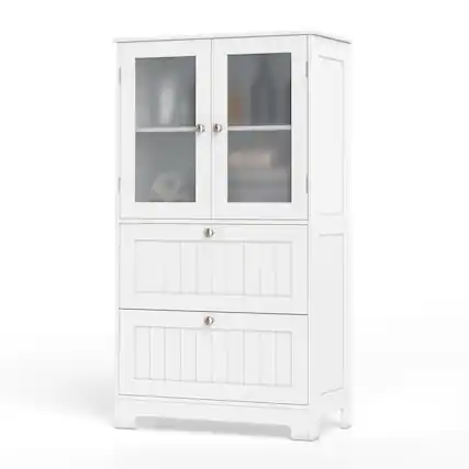 Front. Gymax - Gymax Bathroom Floor Storage Cabinet Freestanding Cupboard Pantry w/ 2 Drawers - White.