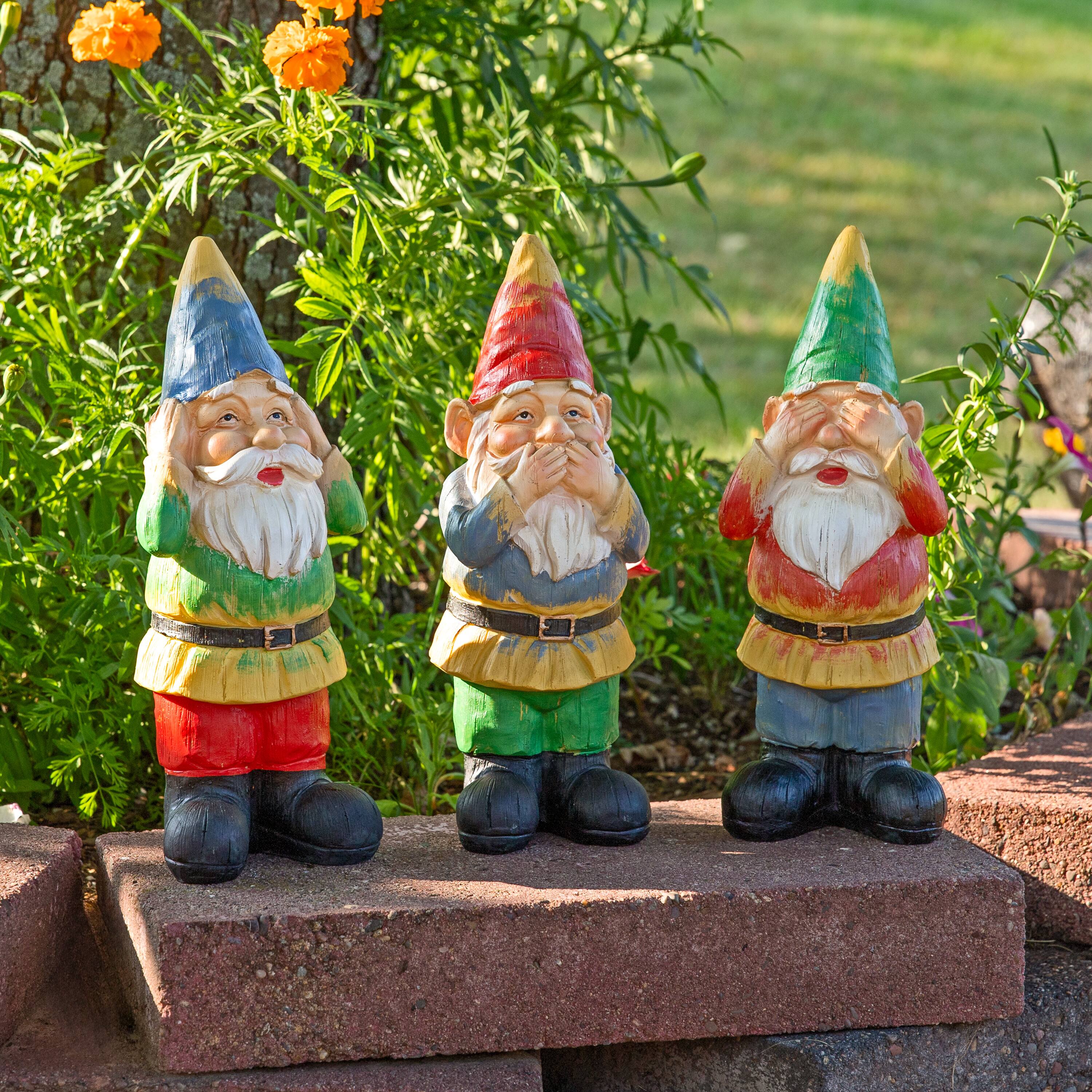 Alt View 3. Sunnydaze - Hear No Evil, Speak No Evil and See No Evil Garden Gnomes - 12 in - Green.