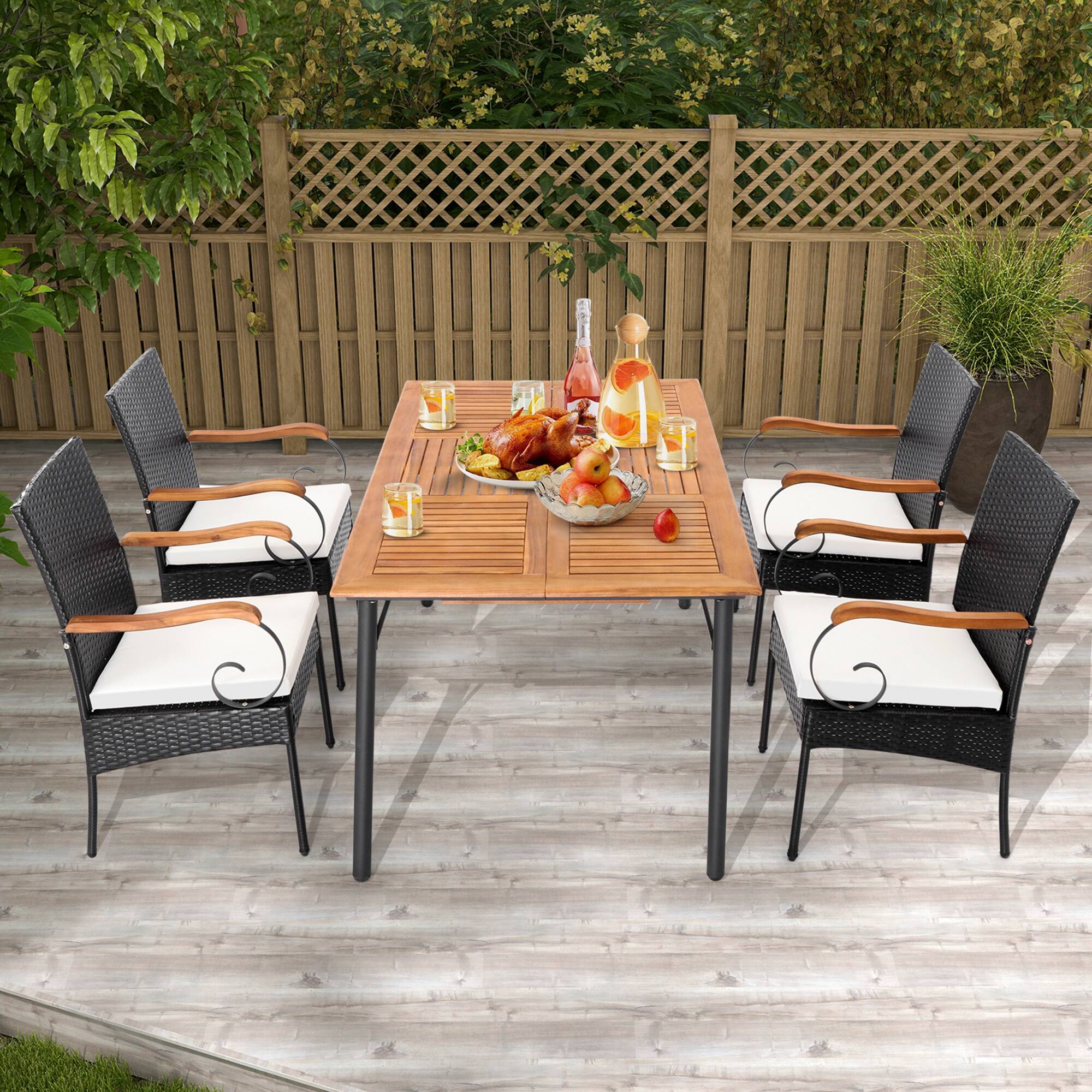 Alt View 1. Costway - Costway 4PCS Patio PE Wicker Chairs Acacia Wood Armrests with Soft Zippered Cushion Garden - Mix Brown,Off White.