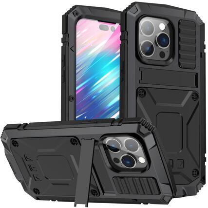 Front. Stock Preferred - Three Anti Waterproof Shockproof Dustproof Full Body Case with Built-In Screen Protector for iPhone 14 Pro Max - Black.