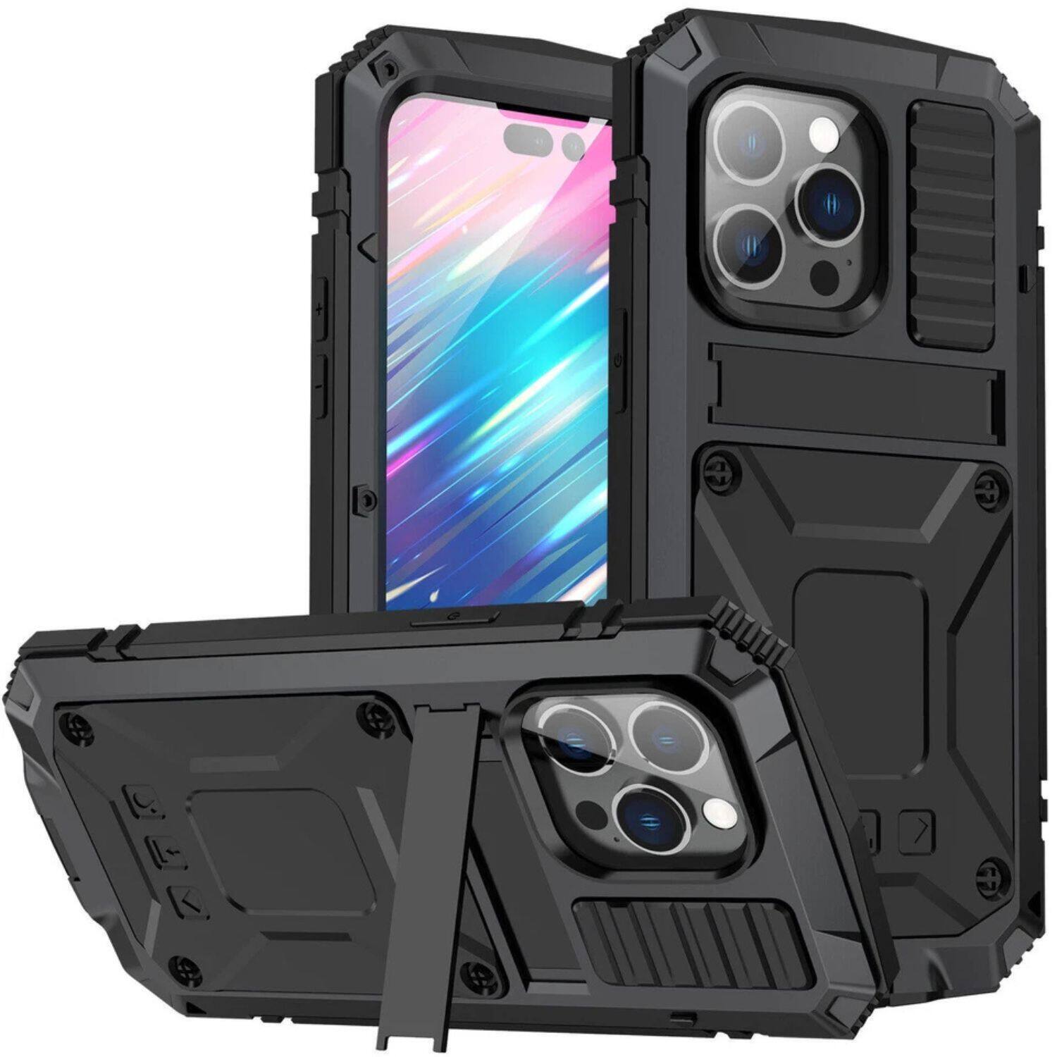 Front. Stock Preferred - Three Anti Waterproof Shockproof Dustproof Full Body Case with Built-In Screen Protector for iPhone 14 Pro Max - Black.