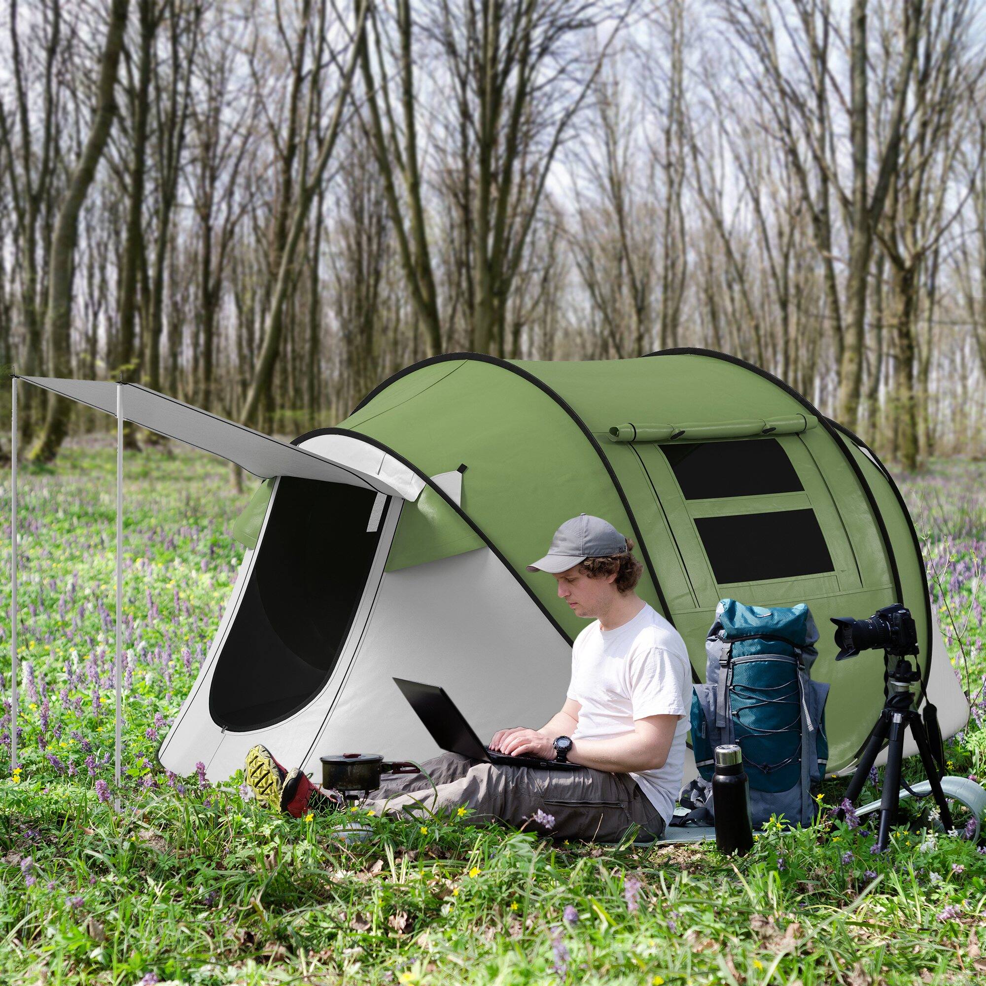 Angle. Outsunny - Outsunny Pop Up Tent, Instant Camping Tent with Porch and Carry Bag, 3000mm Waterproof, for 2-3 People - Green.