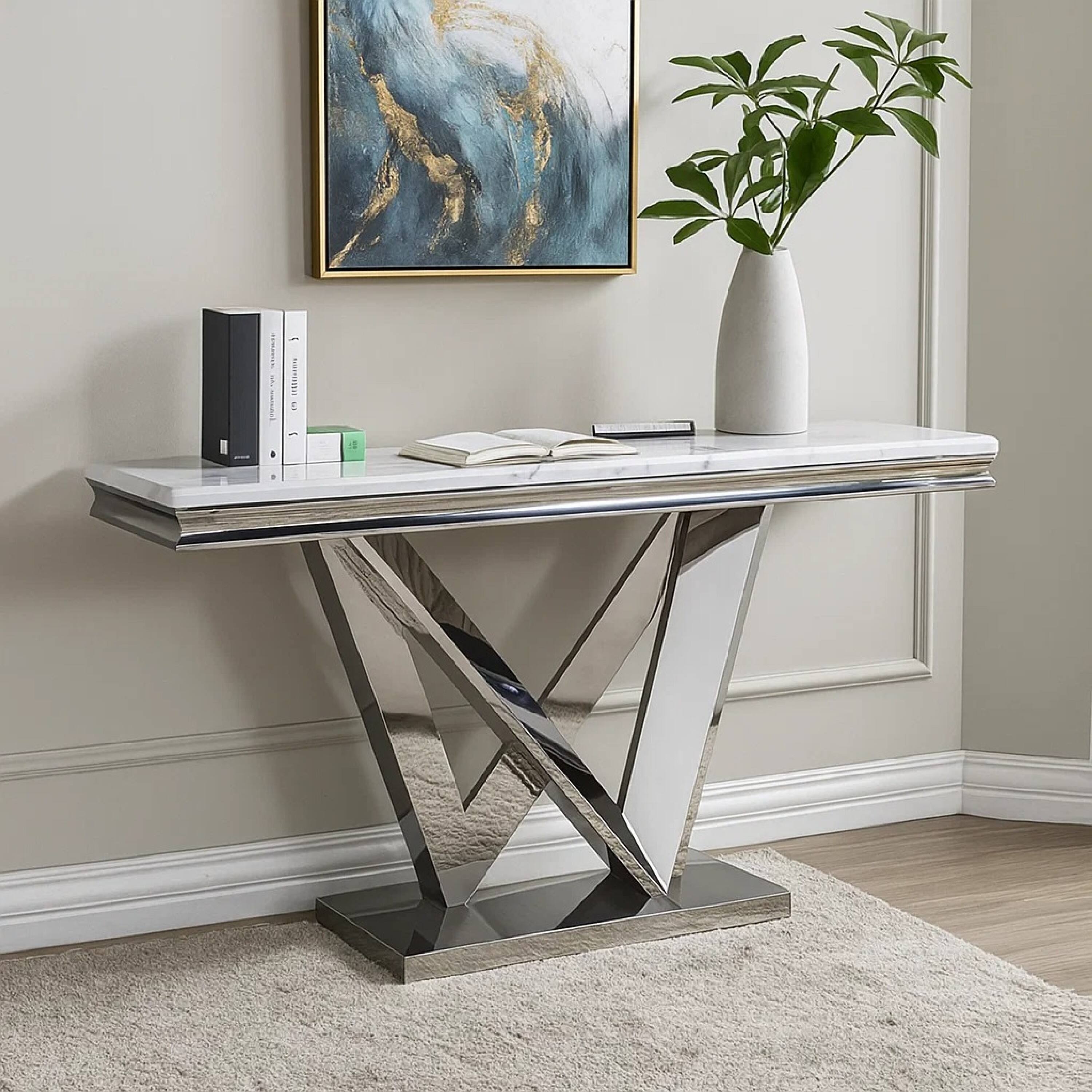 Alt View 6. Manhattan Lane - Vily Sofa Console Table, Beveled Faux Marble, Chrome Steel V-Base - Chrome, White.
