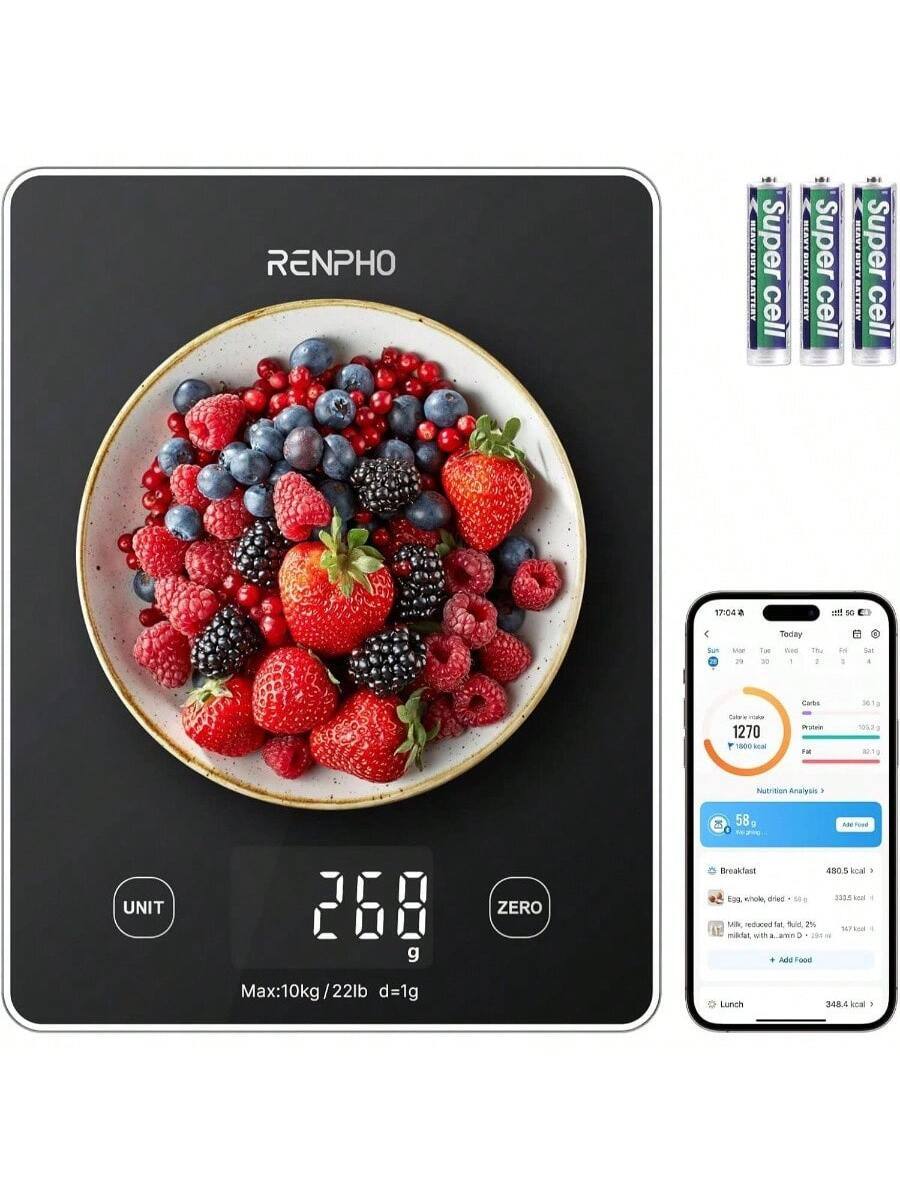 Sure, here is the corrected and grouped text from the image:
---
**RENPHO**
**Super cell**
**268 g**
**UNIT**
**Max:10kg / 22lb**
**d=1g**
**ZERO**
---
**17:04**
**Today**
**Sun**
**Carbs: 50.1 g**
**Protein: 5.4 g**
**Fat: 0.1 g**
**1270 kcal**
**Nutrition Analysis**
**58%**
**Breakfast**
**Egg, whole, fried - 50 g**
**332.5 kcal**
**Milk, reduced fat, fluid - 2%**
**Milk, with a 2.0-3.0 g**
**476.0 kcal**
**Add Food**
**Lunch**
**348.4 kcal**
---
**Super cell**
**Super cell**
**Super cell**
---
**5G**
**Teday**
**E Sun Now 1 Tae - n8 1 TB - AG - sar a Carbo Caler raa 1270 1a00 beal itrstae F