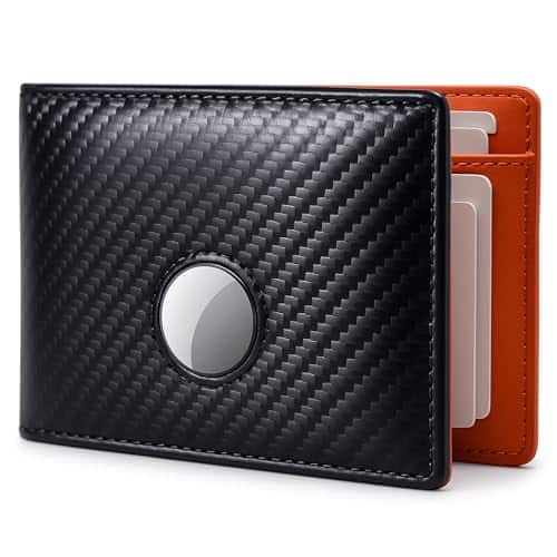Vulpecula Spade - Mens Wallet With AirTag Holder, Trackable Smart RFID Blocking Front Pocket Wallet, AirTag Not Included - Black and Orange